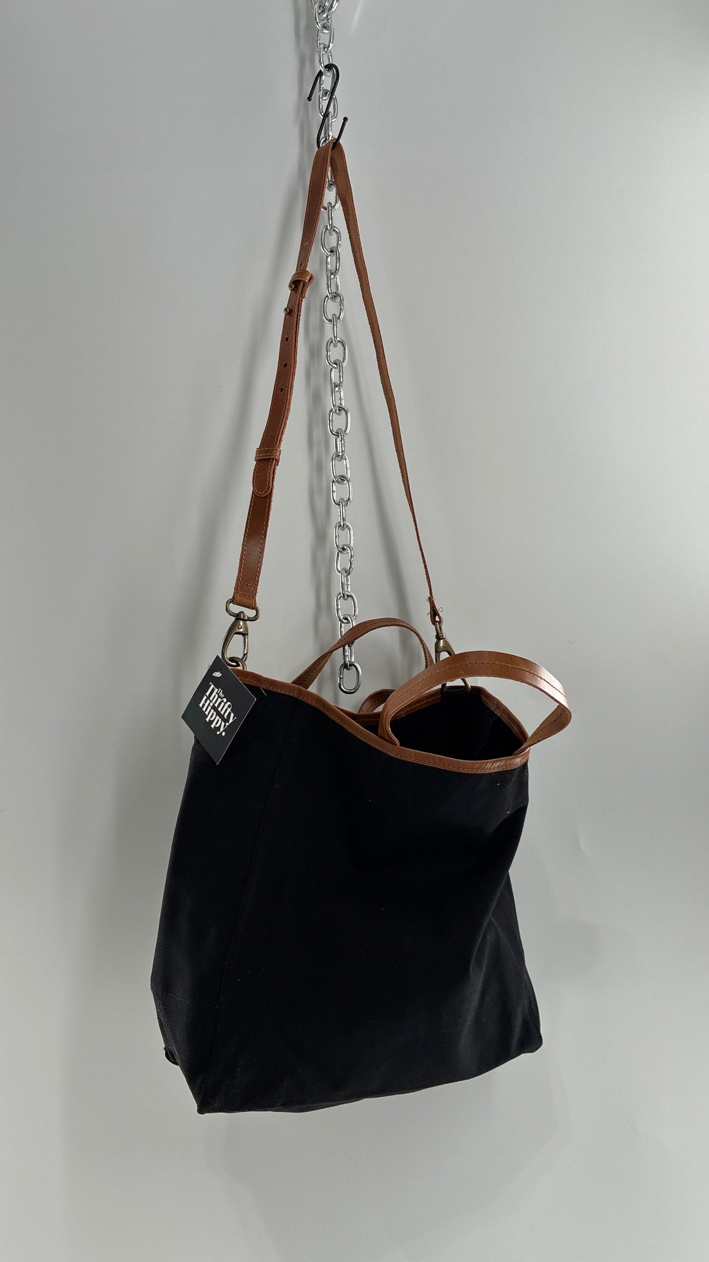 Urban Outfitters Large Black Cotton Tote Bag with Inner Pockets, Genuine Leather Lining and Straps