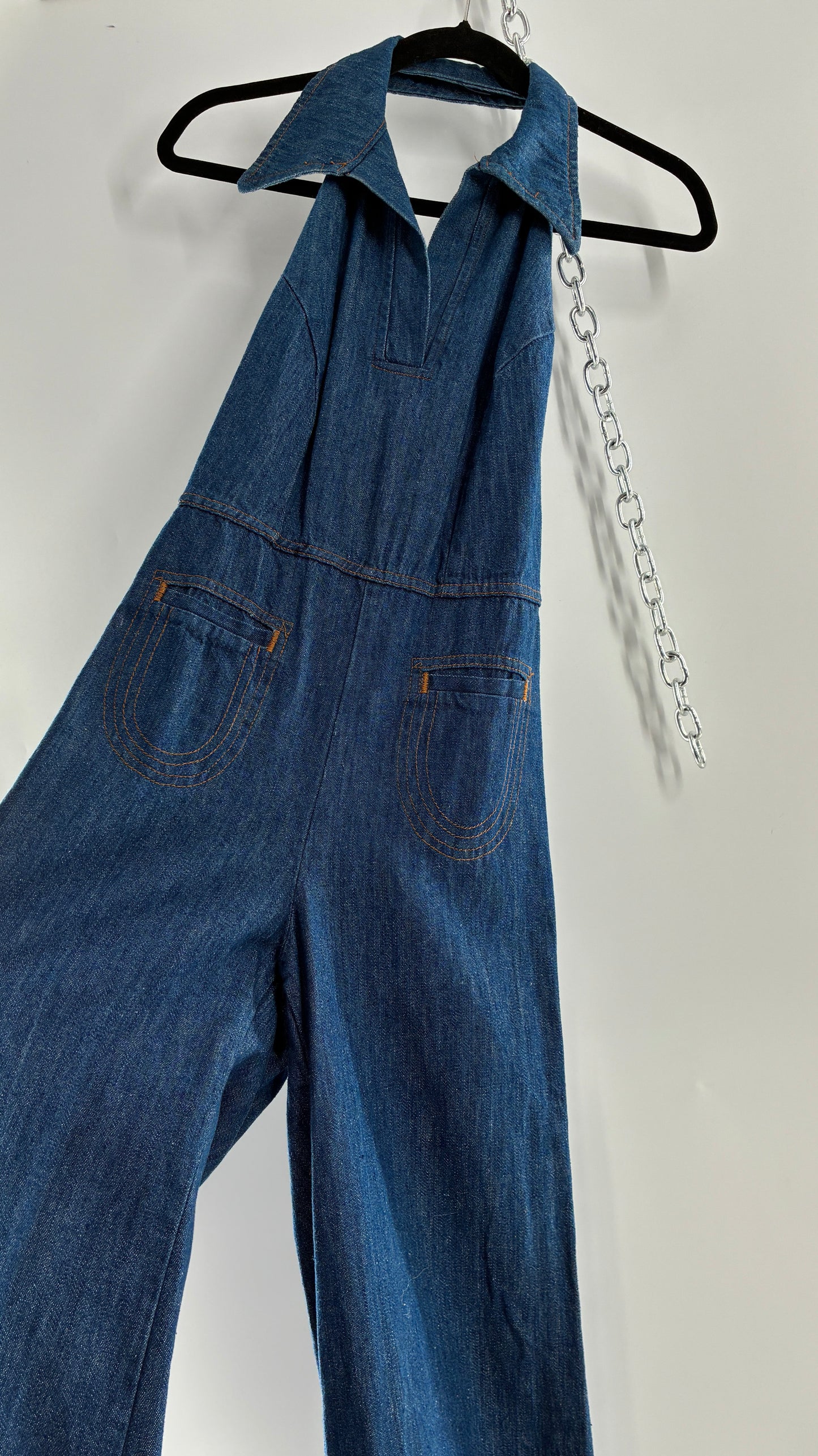 RARE Vintage 1970s Landlubber Medium Wash Denim, Sleeveless Halter, Wide Leg Bell Bottom, Jumpsuit (No Size on Tag, XS)