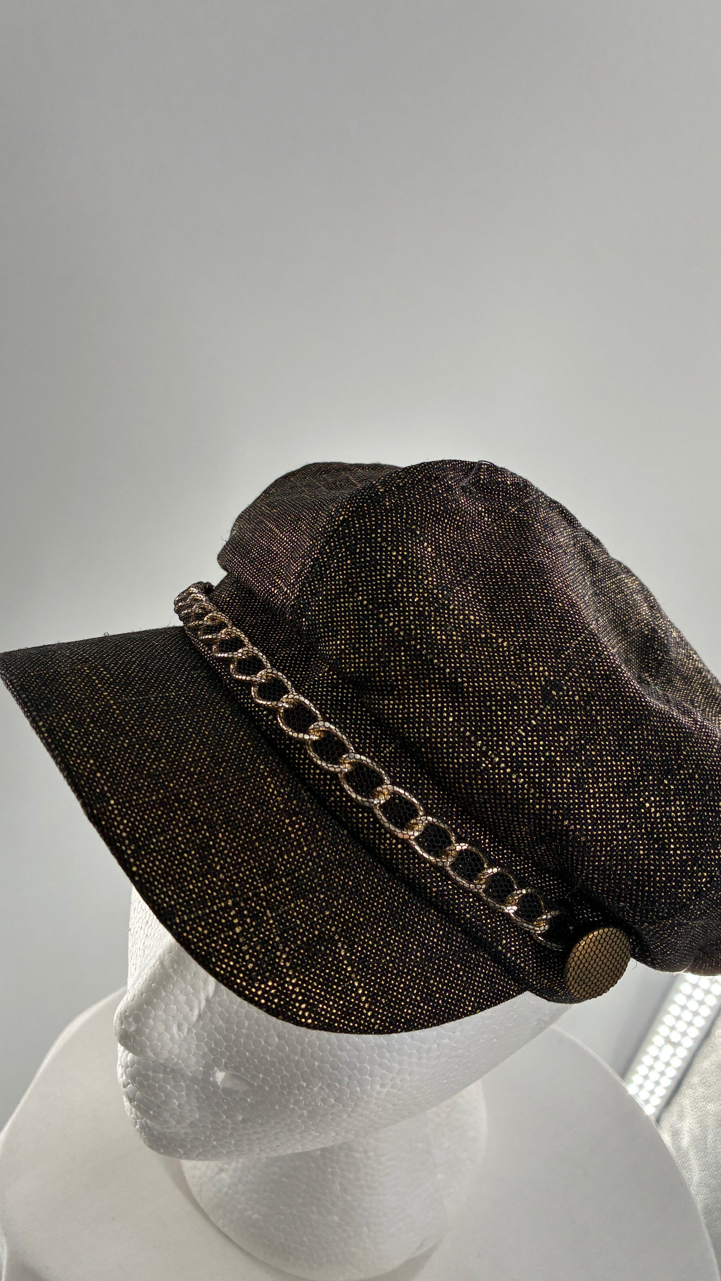 Vintage BADGLEY MISCHKA Metallic Bronze Newsboy Cap with Chain Detail