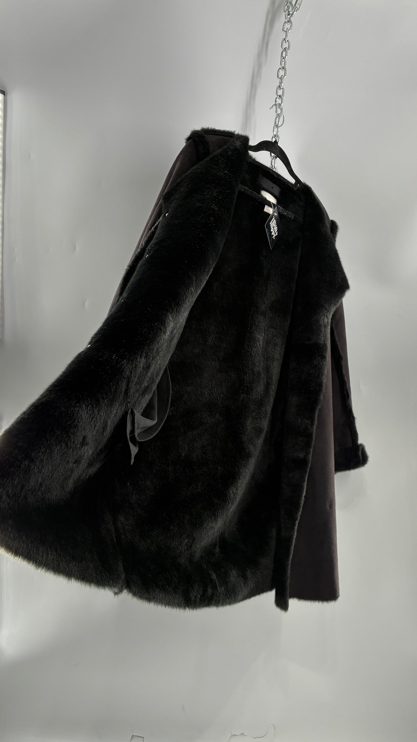 Vintage H&M Black Faux Suede Coat with Faux Fur Piping (12)