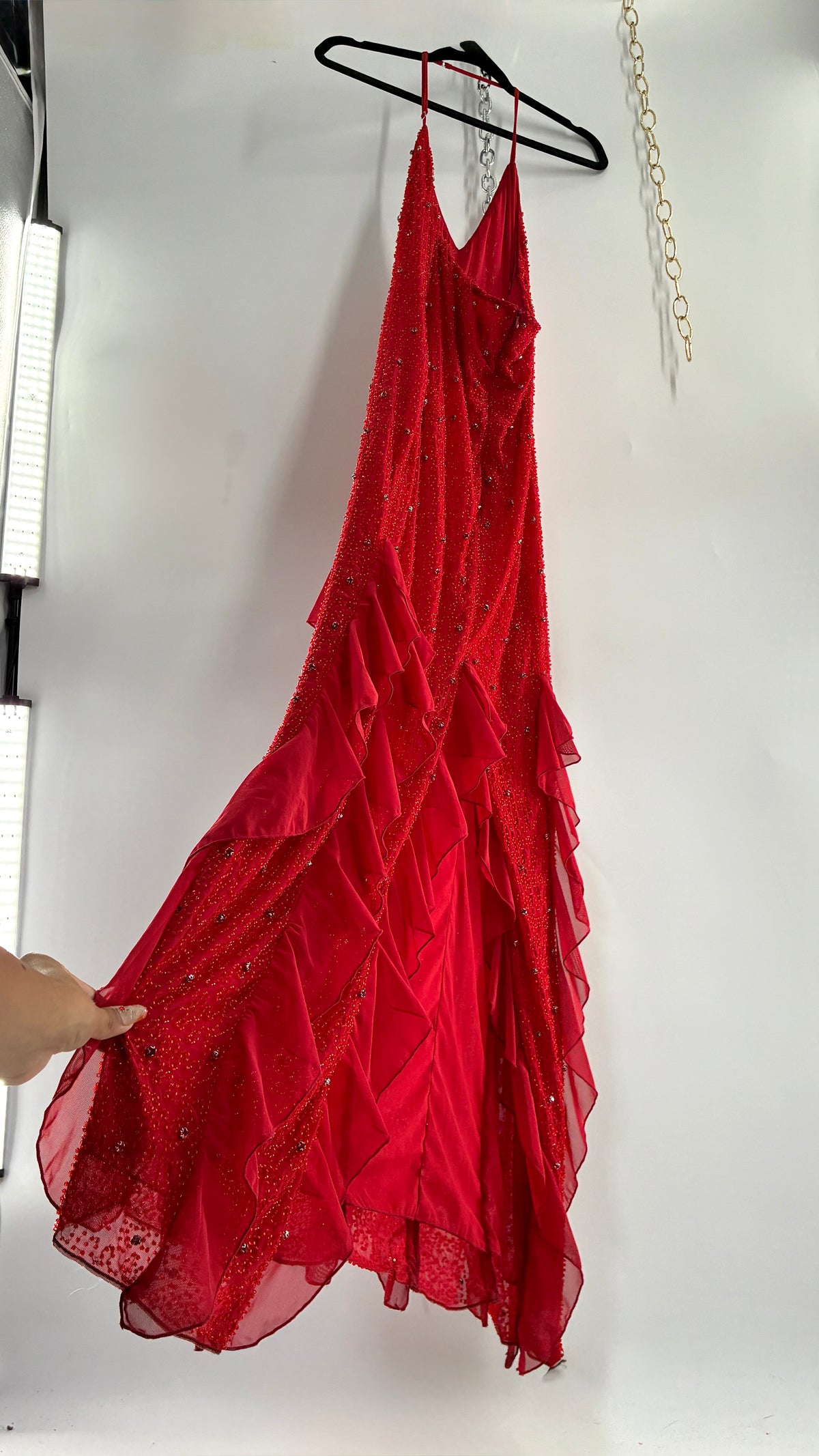 OH POLLY Red Beaded Gown with Ruffled Detailing NWOT (14)