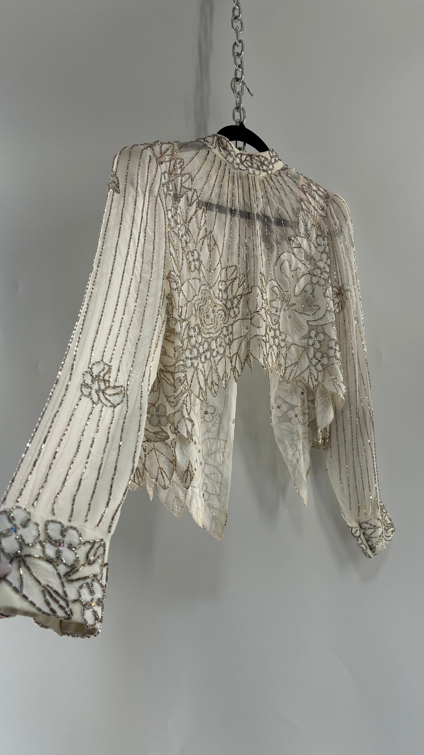 Vintage Sheer White Bridal Beaded Open Back Floral Blouse with High Neck (Medium)