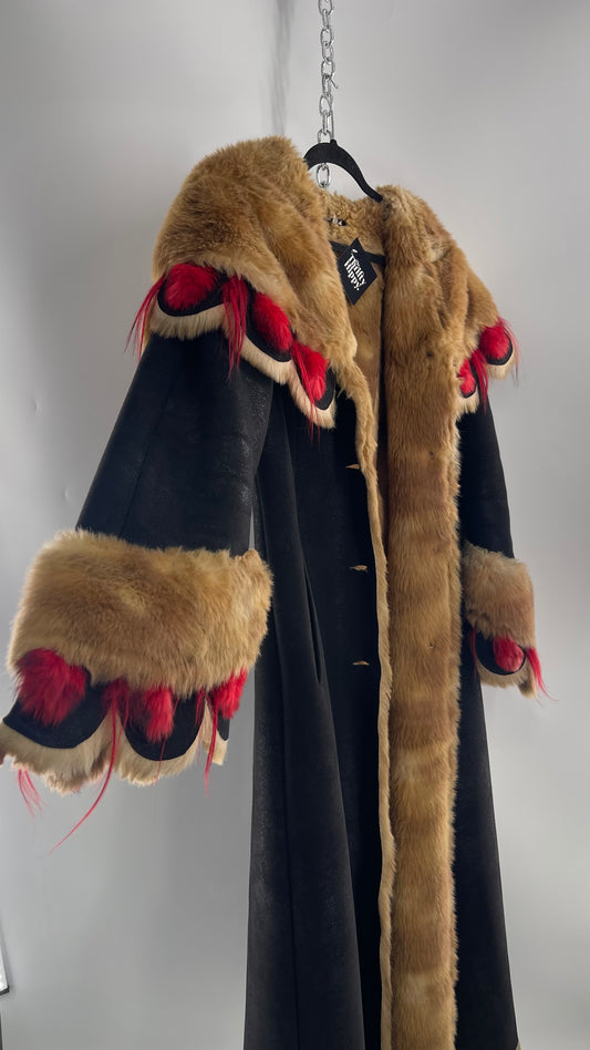 Vintage Russian Black Coat with Brown Fur Piping/Lining, Red Feathers, Scalloped Sleeve, and Hood (Medium)