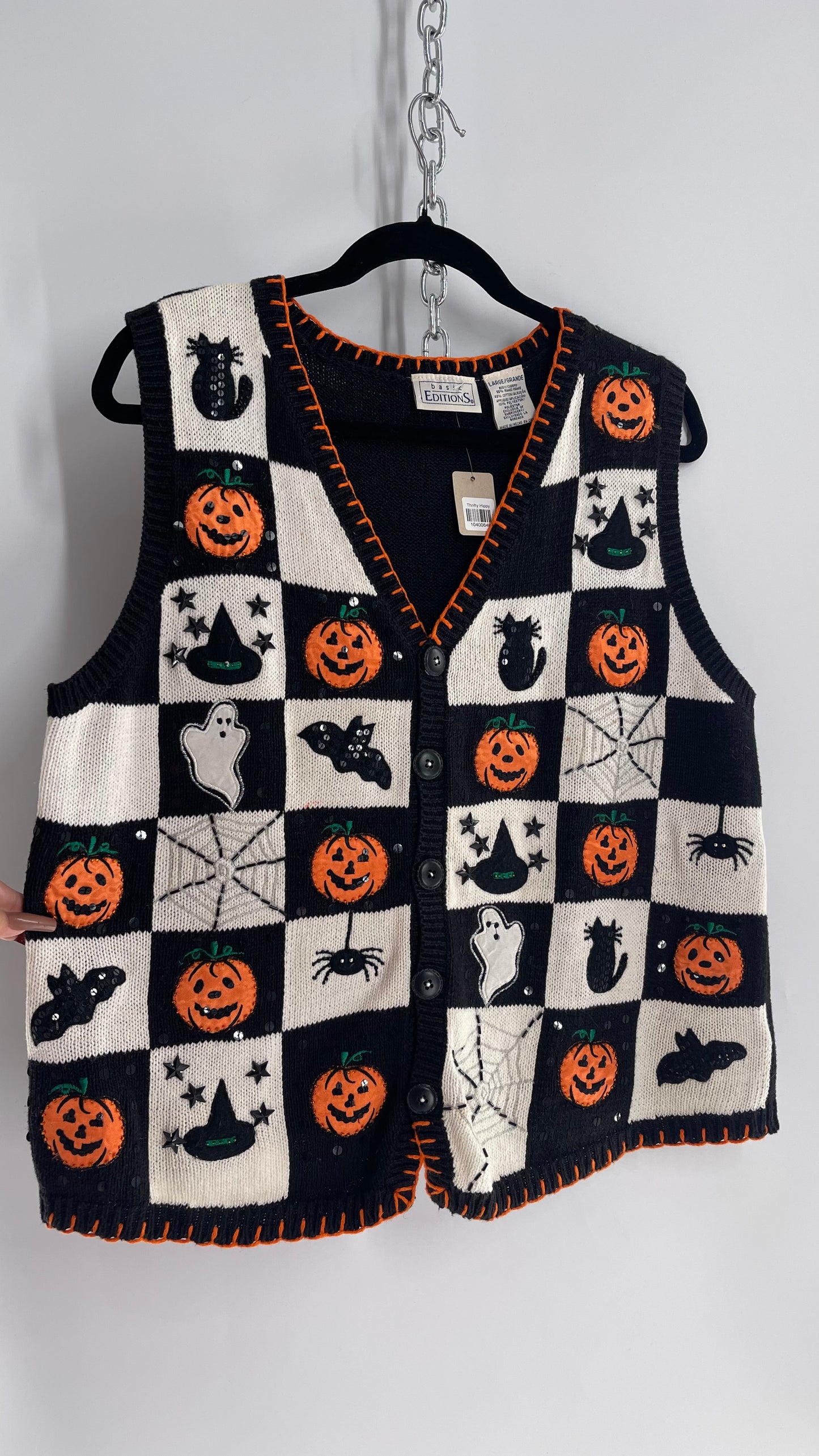 Vintage Knit Halloween Vest with Beaded Stars, Webs and Spiders (Large)