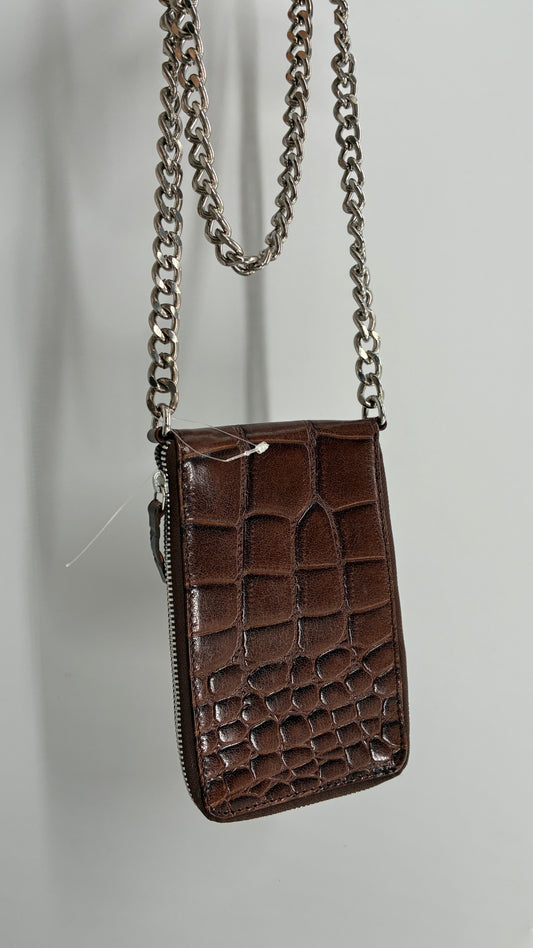 Free People Brown Crocodile Embossed Leather Phone Case Purse