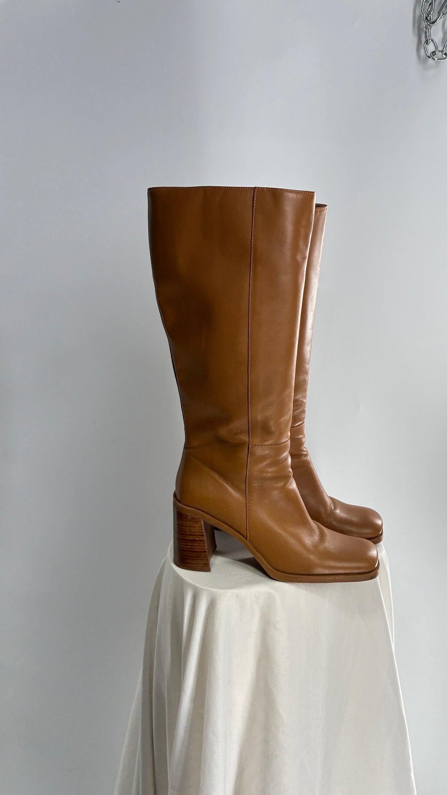 Vintage Strive Genuine Leather Square Toe Knee High Boots with Chunky Block Heel Made in Uruguay (9.5)
