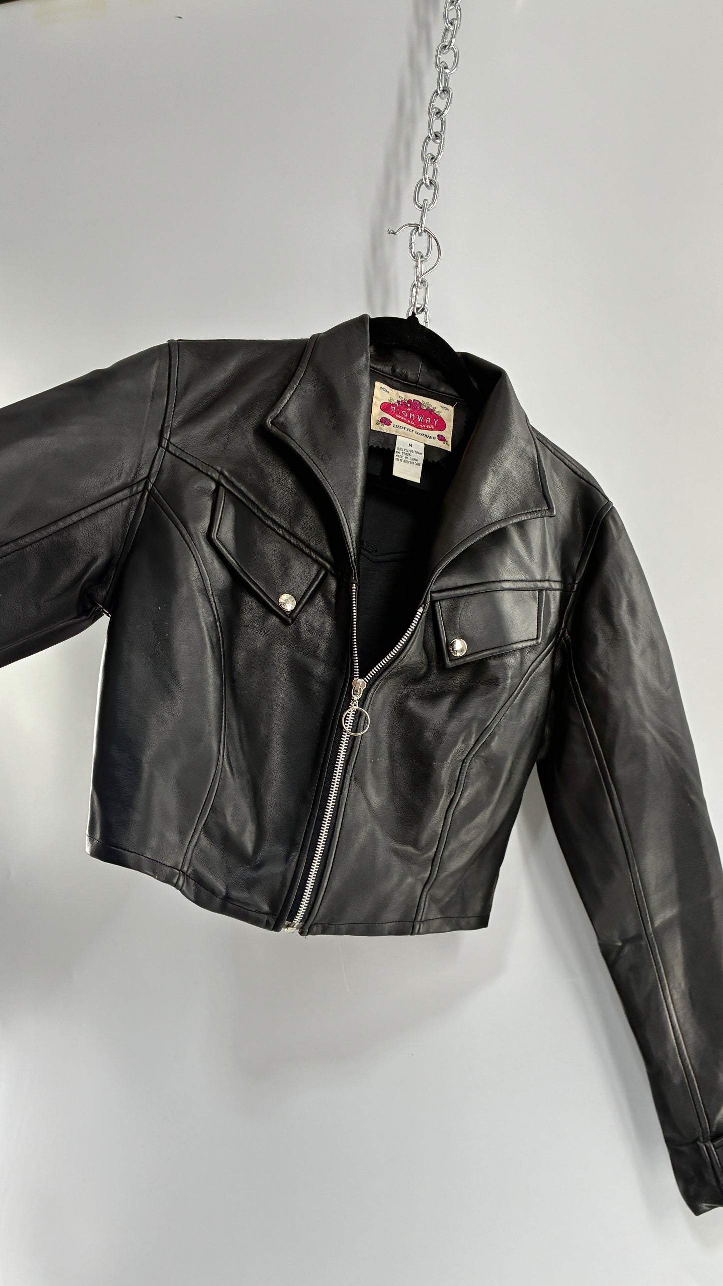 Vintage 1990s HIGHWAY Black Vegan Leather Cropped Jacket (Medium)