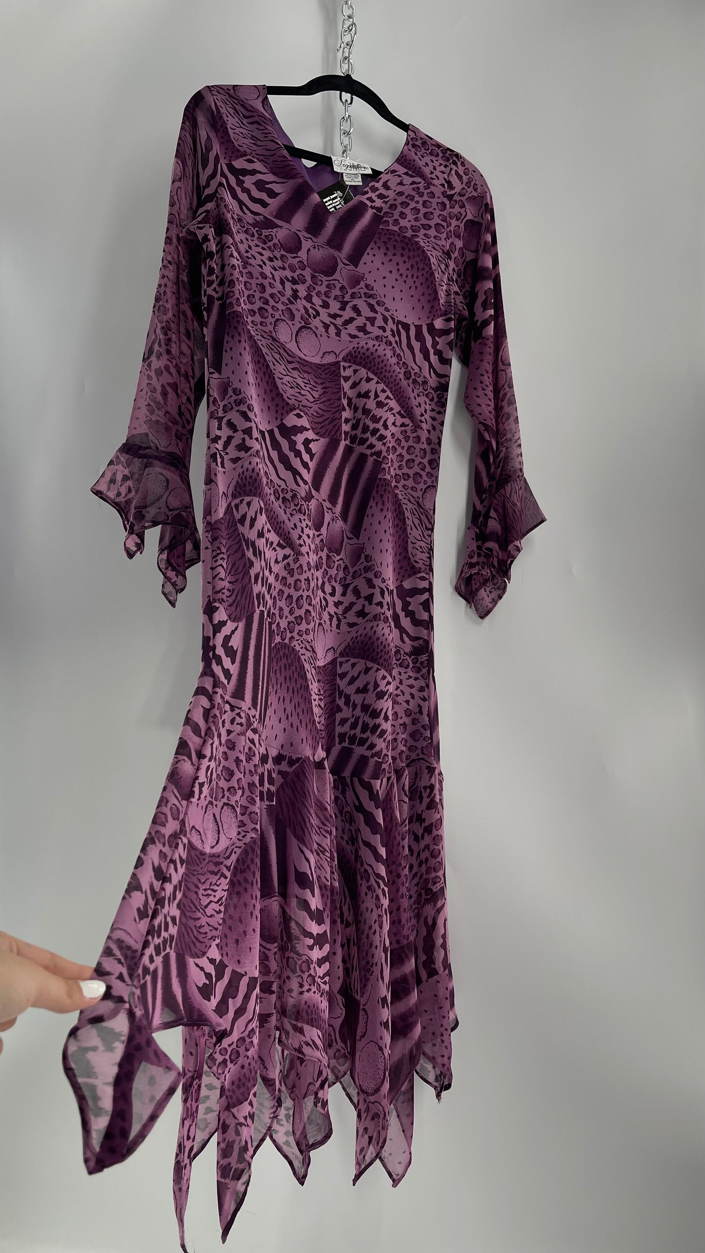 Vintage Signature JMB Suga Plum Fairy, Purple Maxi with Animal Print, Handkerchief Hem and Sleeves (XL)