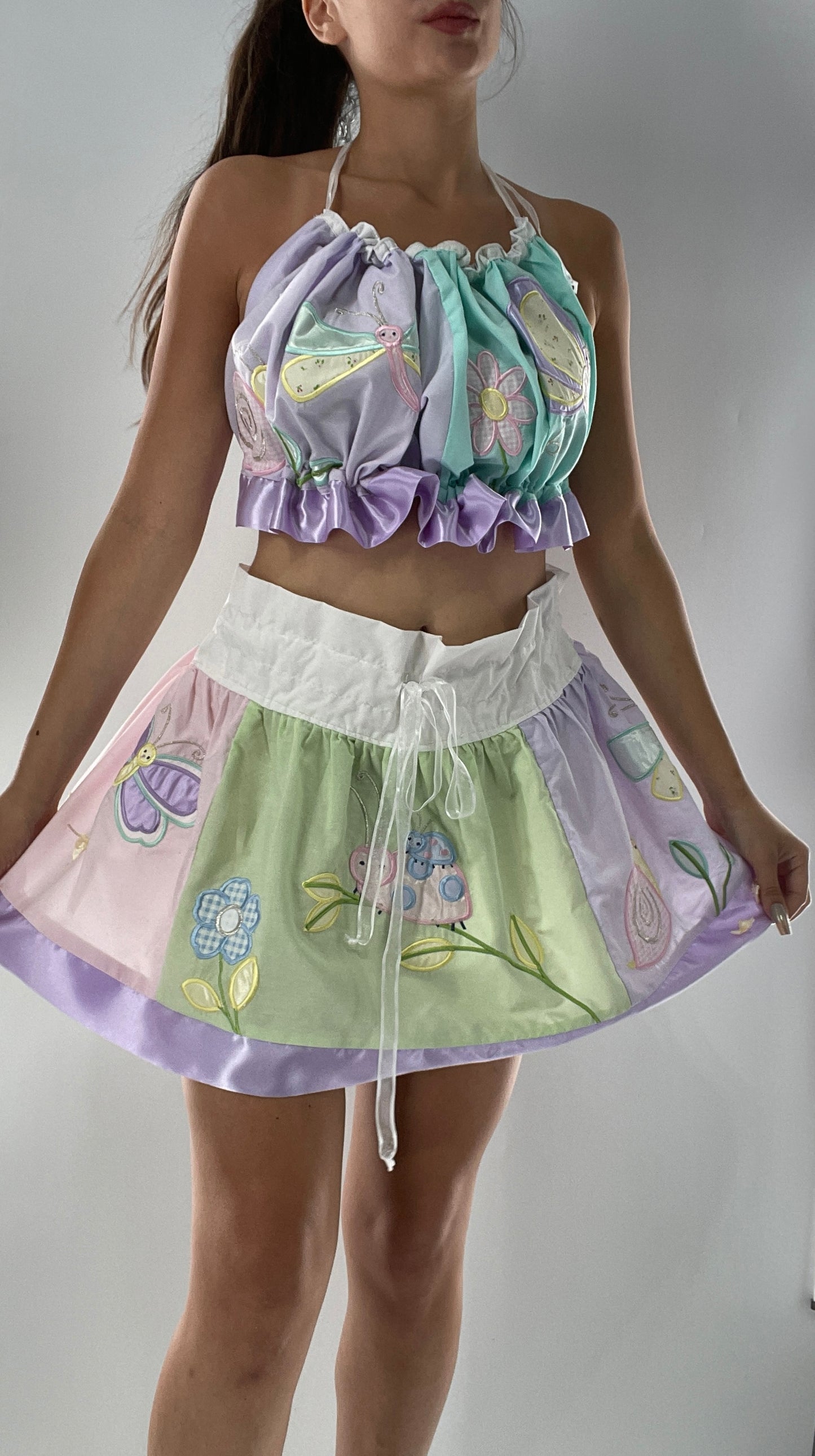 Vintage Custom 2piece Garden Gal Set Covered in Patchwork Butterflies, Dragonflies, Flowers, Snails and Pastels (One Size Fits Most)