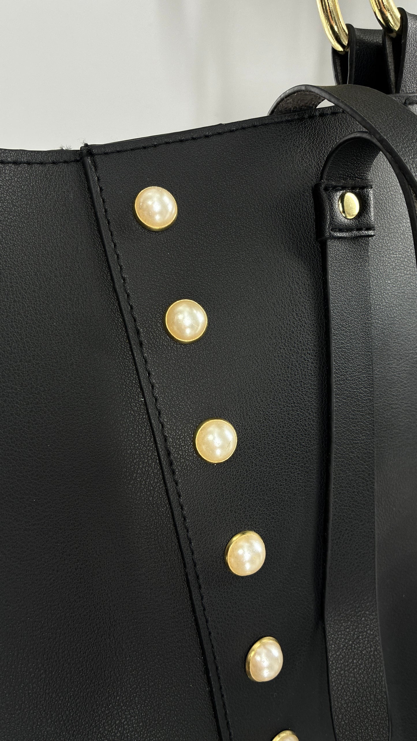 Black Vegan Leather Dual Size Purse Set with Pearl Studs