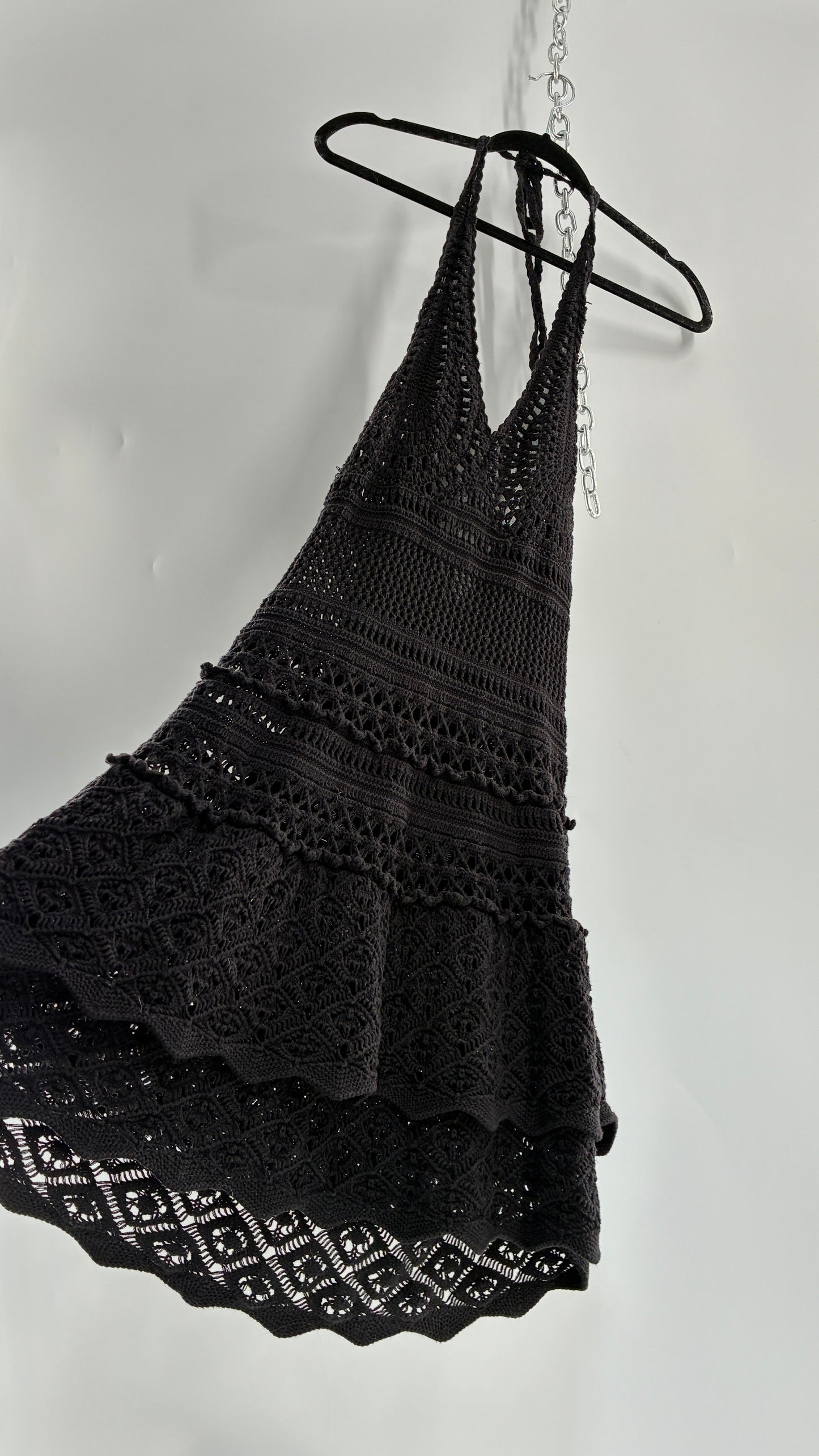 Vintage MODA INTERNATIONAL Black 100% Cotton Crochet Mini Halter Dress with Ruffled Skirt (Medium)