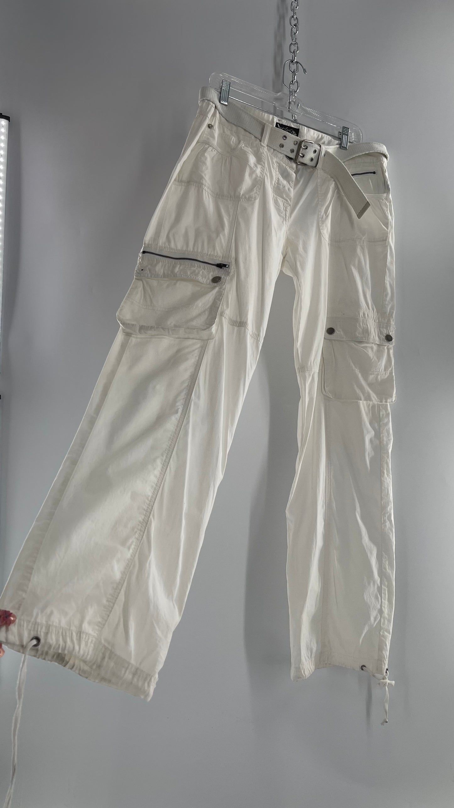 Vintage 1990s Jane Doe Low Rise White Baggy Cargos with Belted Waistline (32)