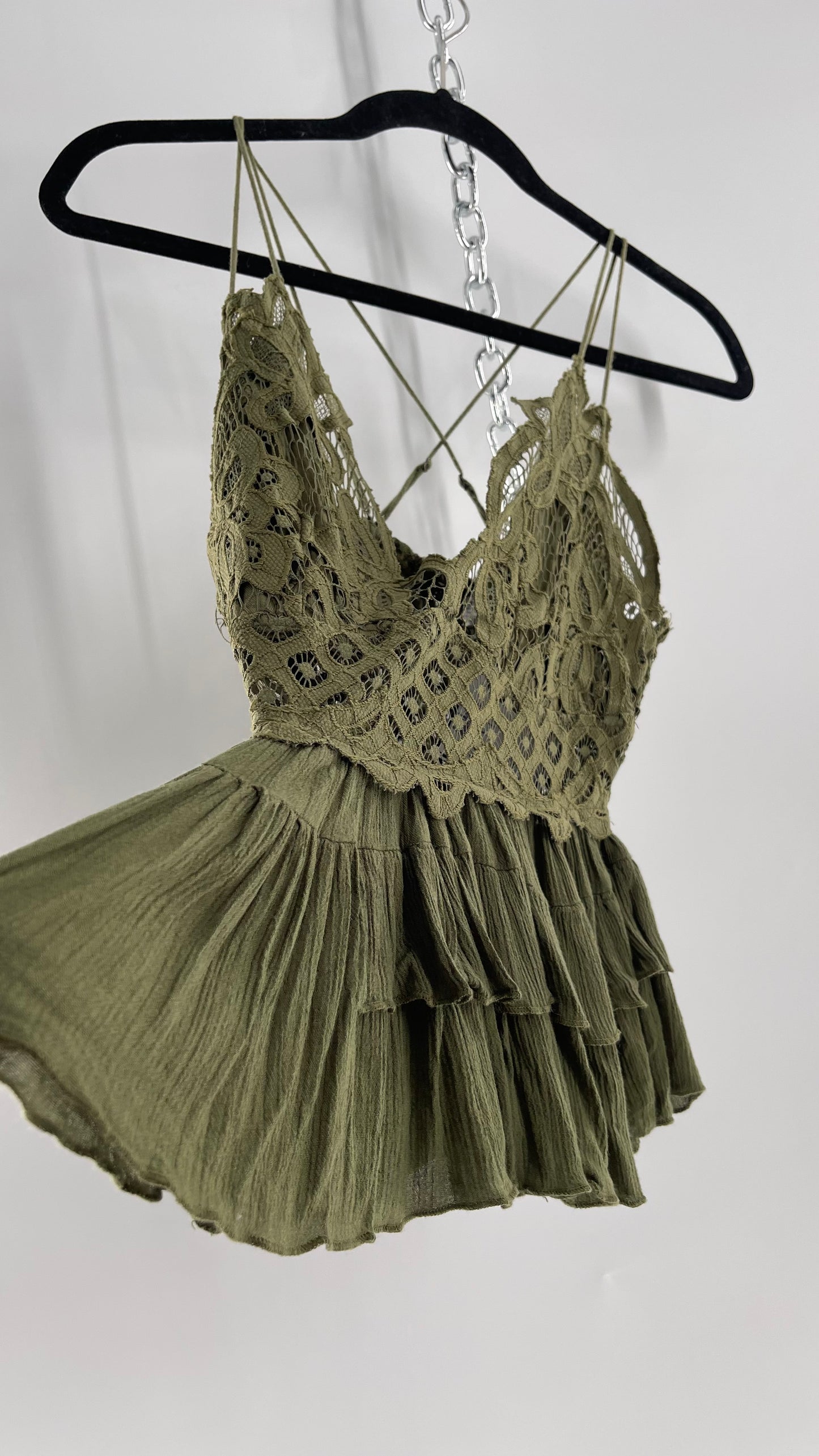 Free People Army Green Lace Bralette Top with Ruffled Hem (Large)