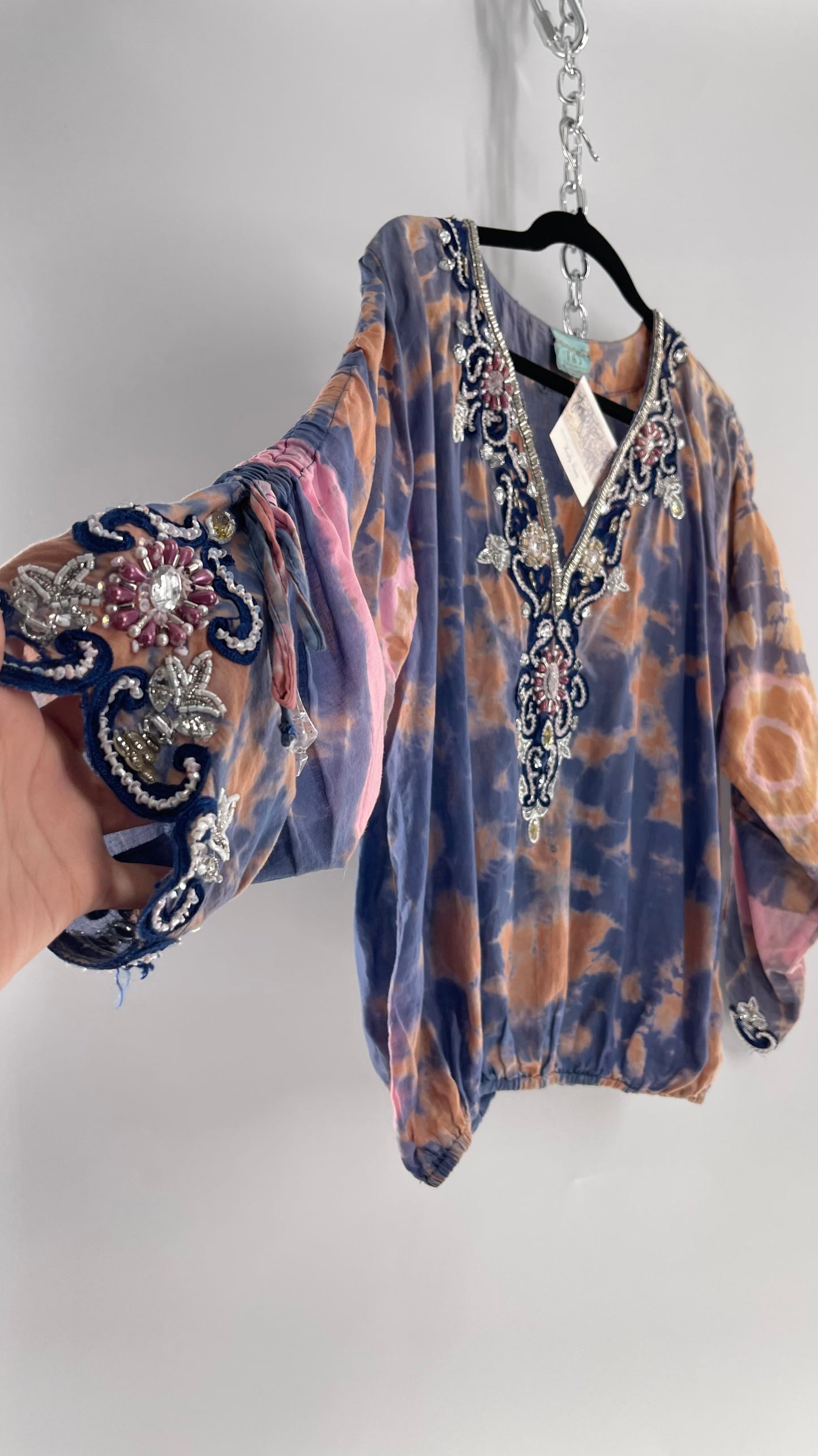 TAJ by Sabrina Crippa Tie Dye Blouse with Gemstone Encrusted Neckline and Ruched Beaded Sleeves (S/M)