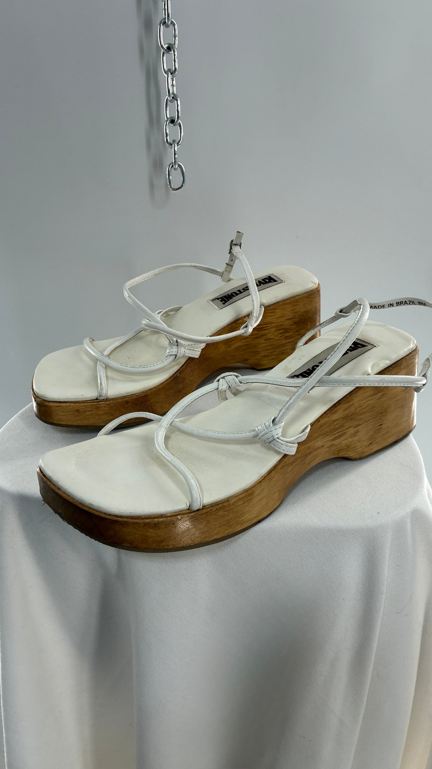 Vintage 1990s RIVERSTONE Wooden Platform Square Toe, Strappy Sandal Made in Brazil (8)