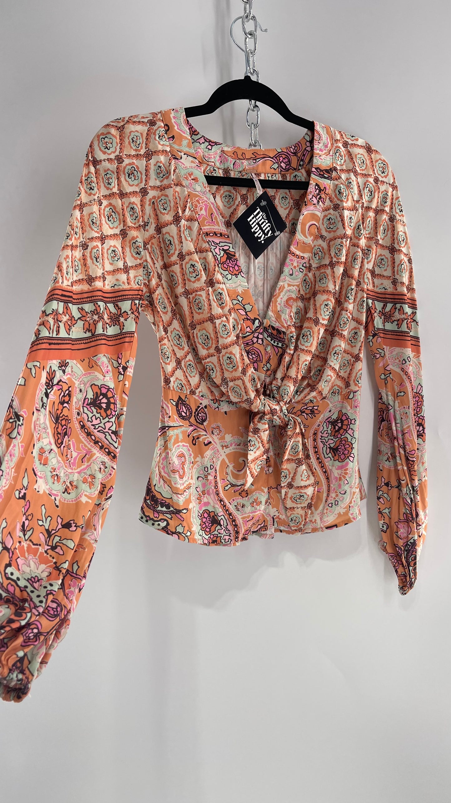 Free People Orange Pastels Paisley Blouse with Bust Tie and Balloon Sleeves (XS)