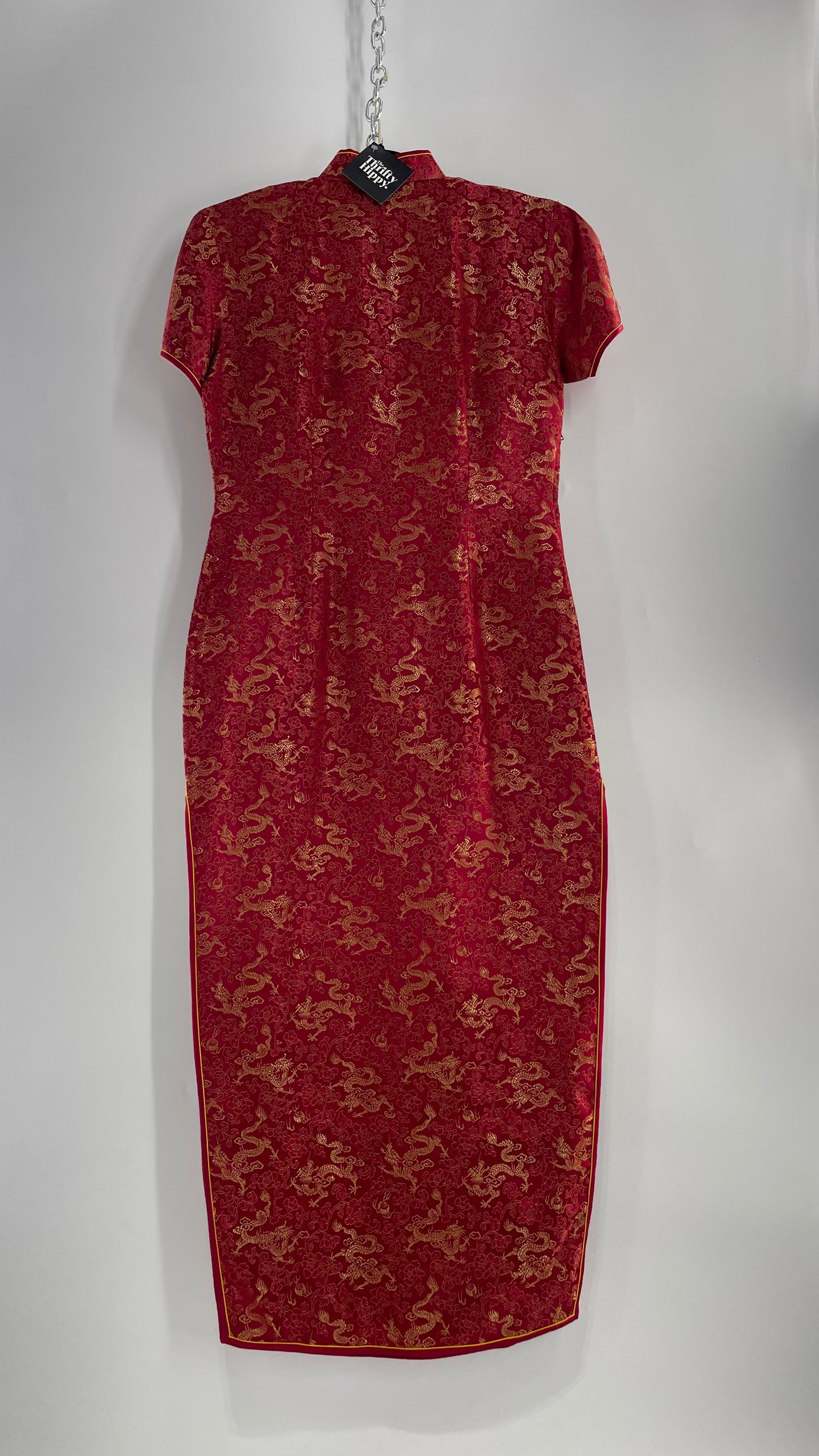 Vintage 1980s Chinese Red Silk Dragon Motif Printed/Embroidered Qipao (XL)