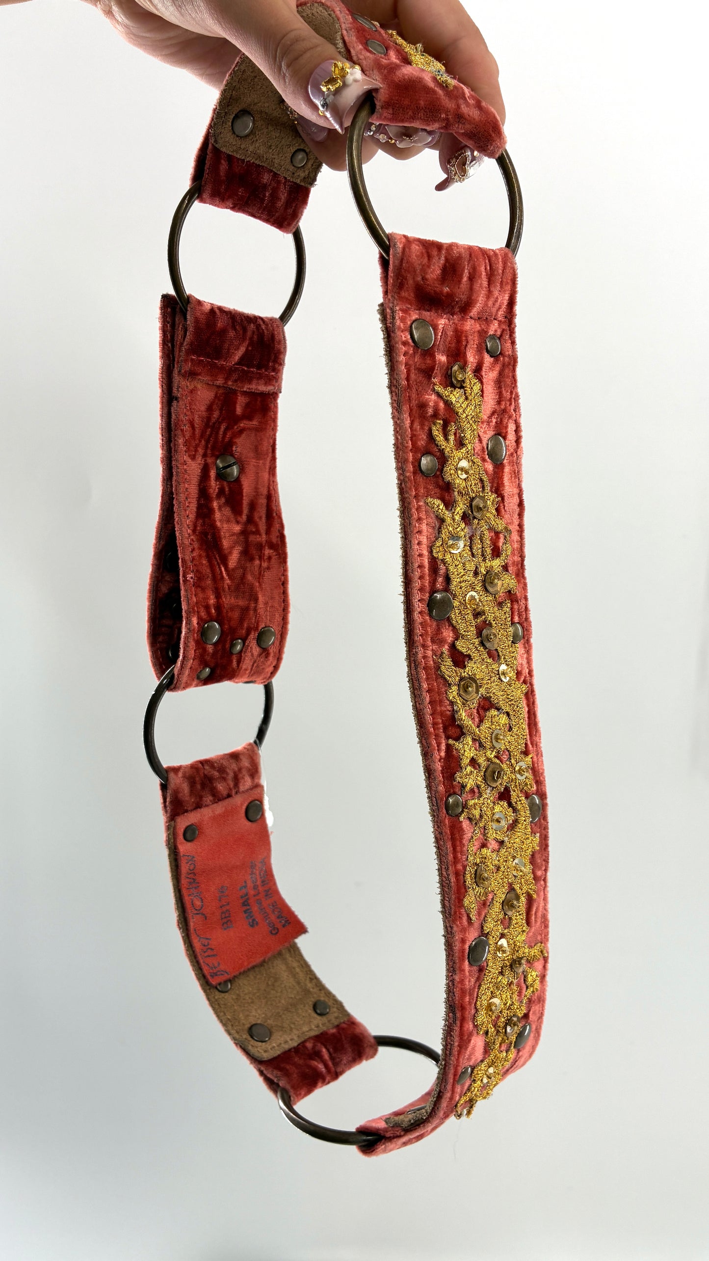 Vintage BETSEY JOHNSON Crushed Velvet Salmon Belt with Gold Appliqué and Metal Studs (Small)