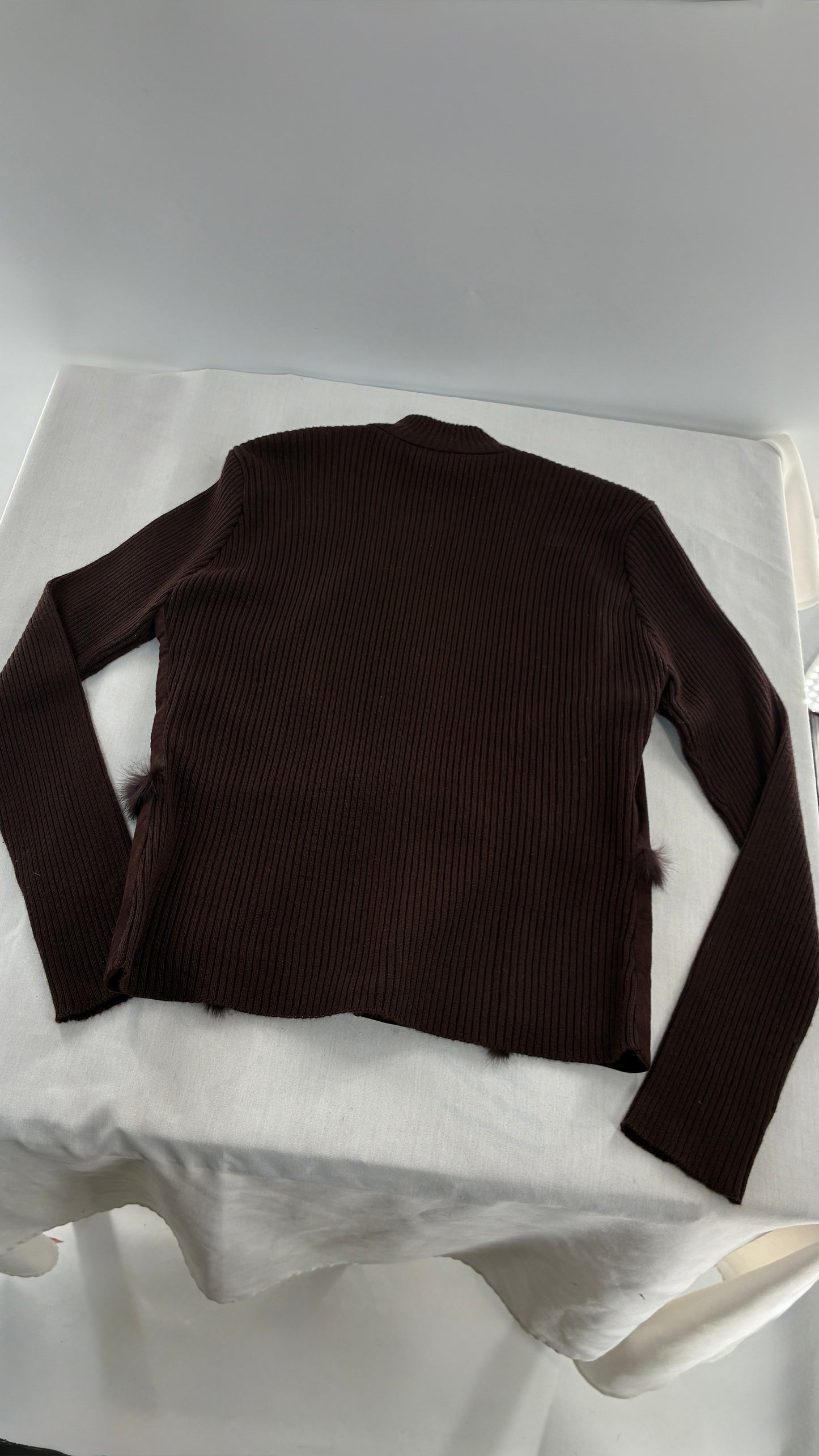 Vintage Brown Ribbed Jacket with Genuine Suede Leather Paneling and Rabbit Fur Trim (Medium)