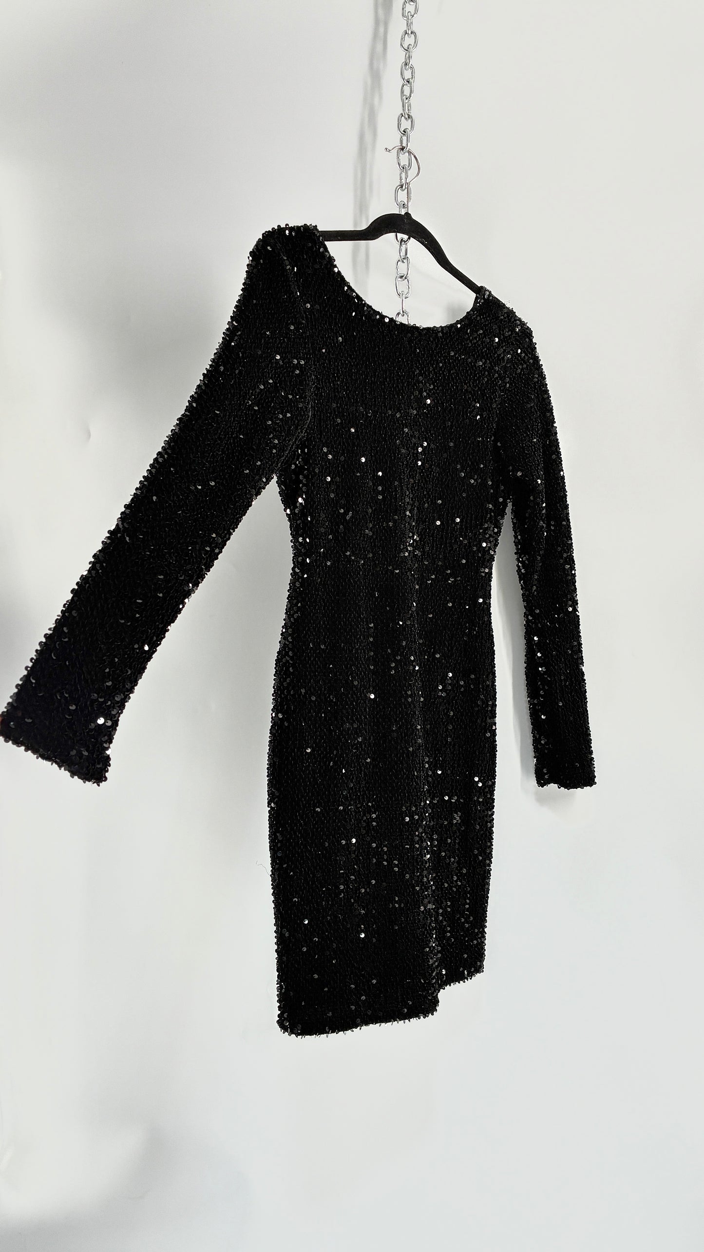 MOTEL Black Thick Velour and Sequin Long Sleeve Bodycon Mini Dress (Medium)