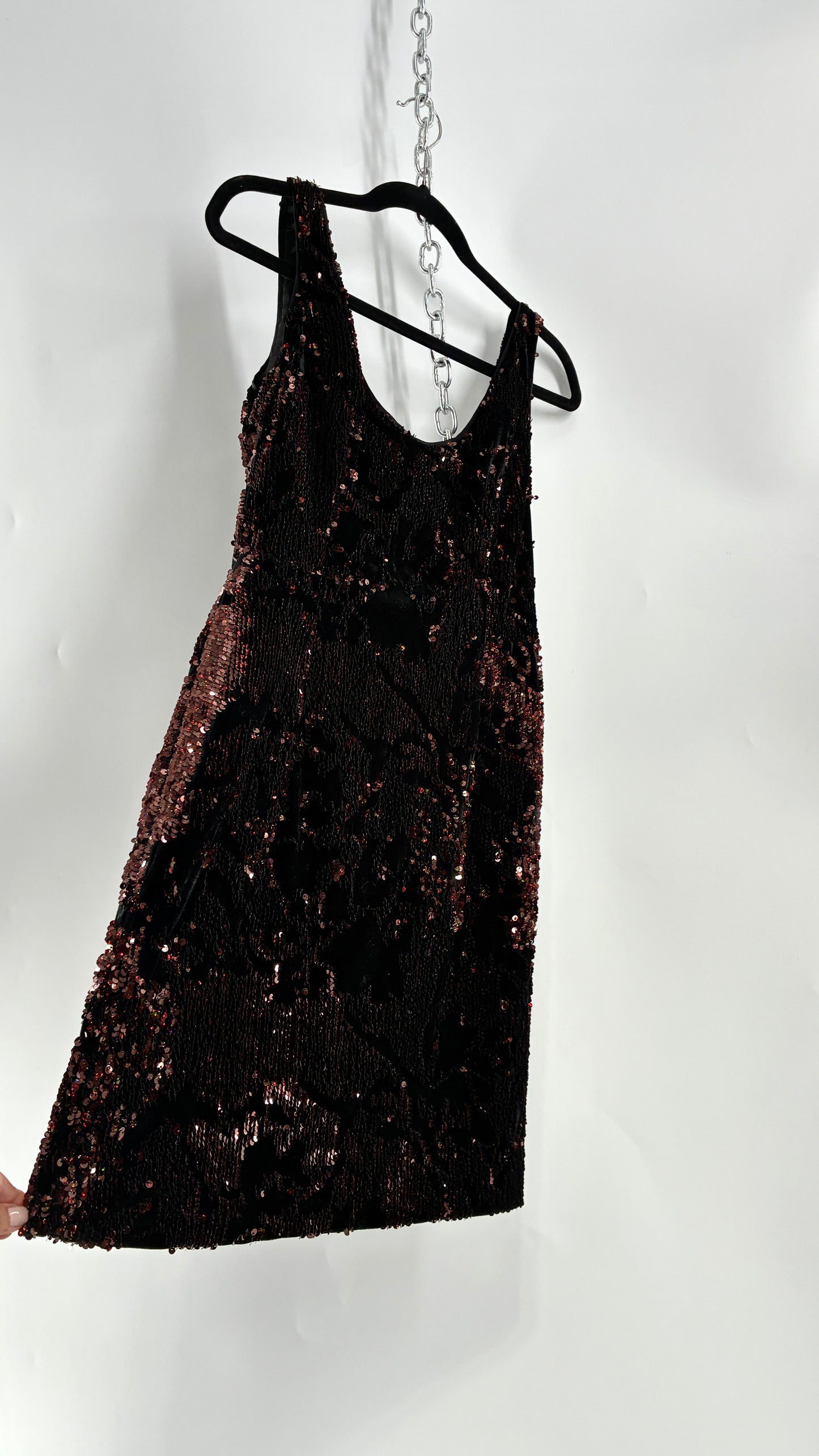 MILLY Cora Velvet, Black and Rose Gold Sequin Mini Dress with Built in Corset (4)