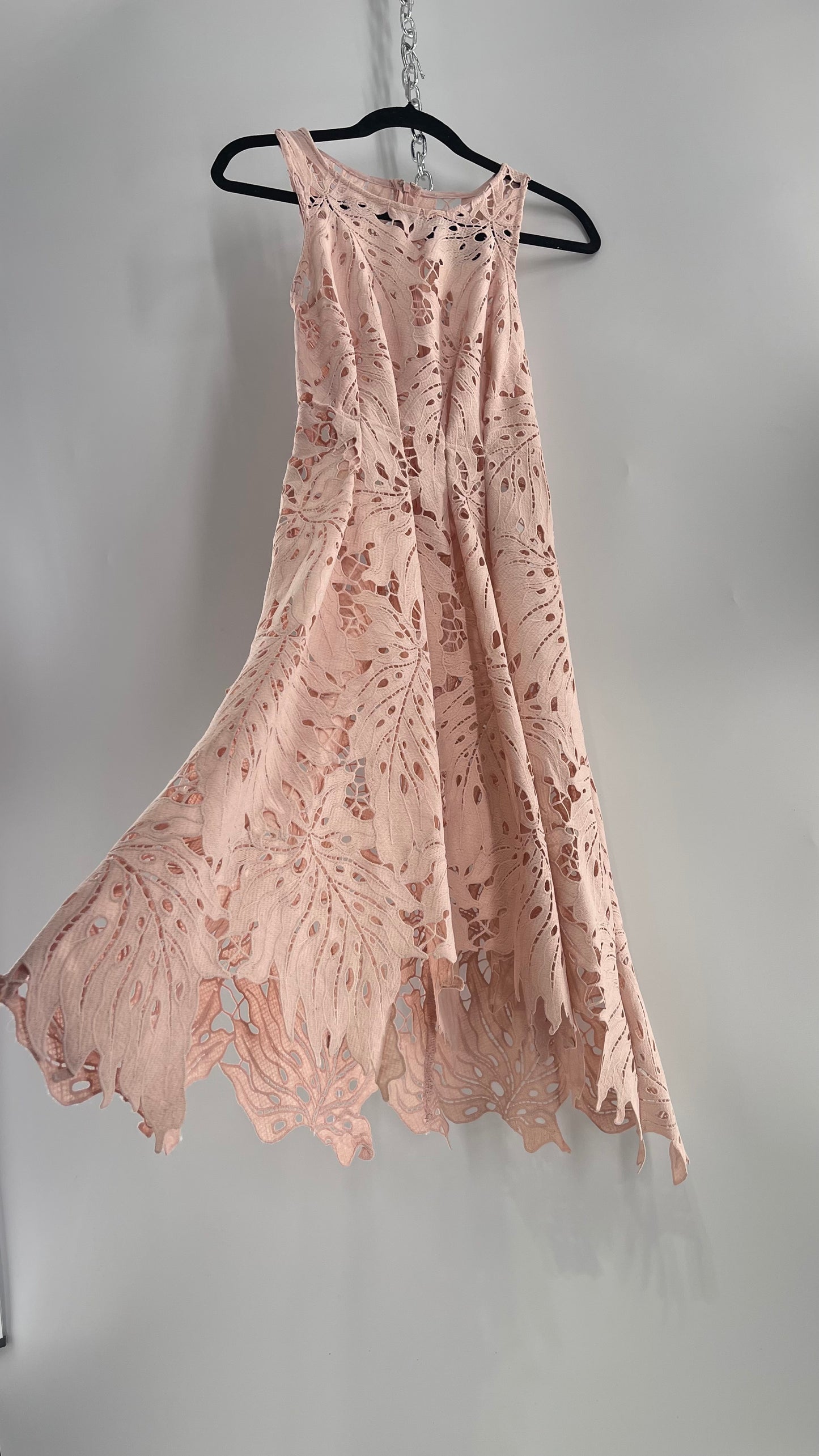 Anthropologie Eva Franco Baby Pink Completely Laser Cut Lace Palm Leaf Knee High Dress (2)