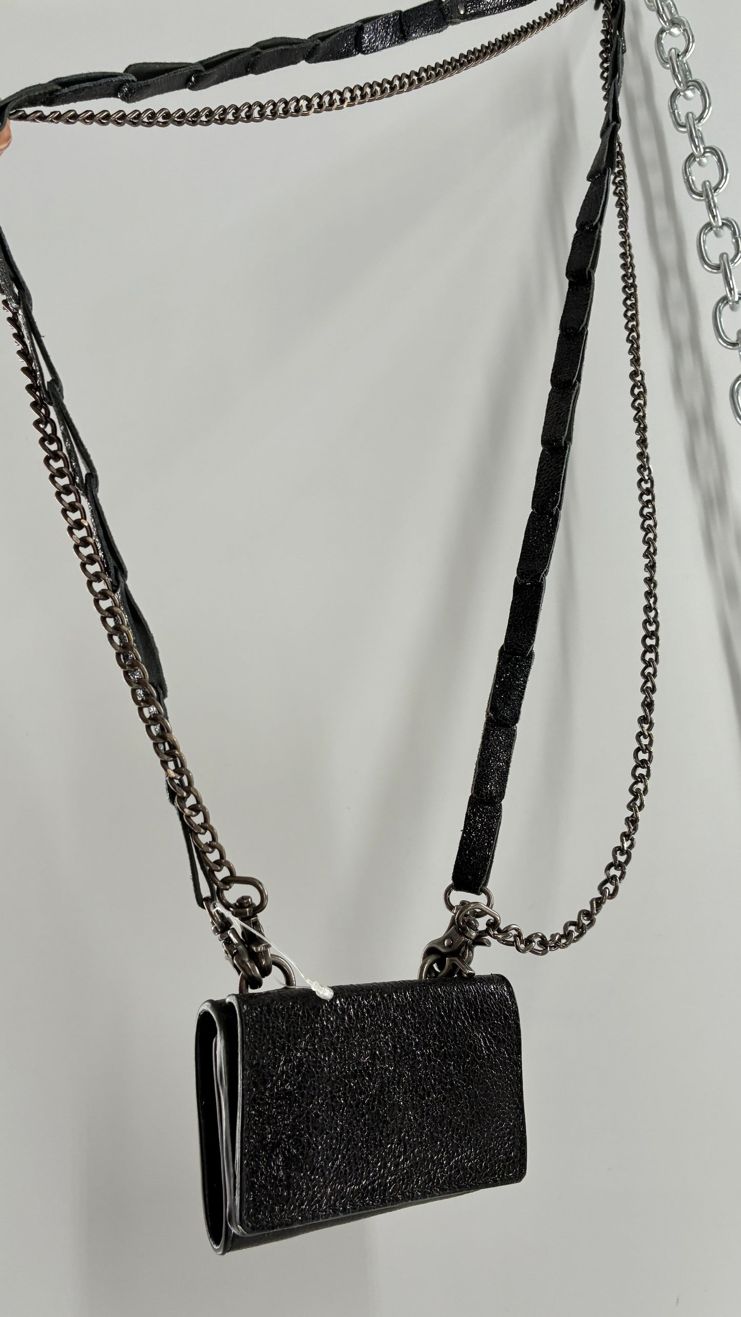 Free People Black Metallic Goat Leather Wallet with Leather and Chain Straps