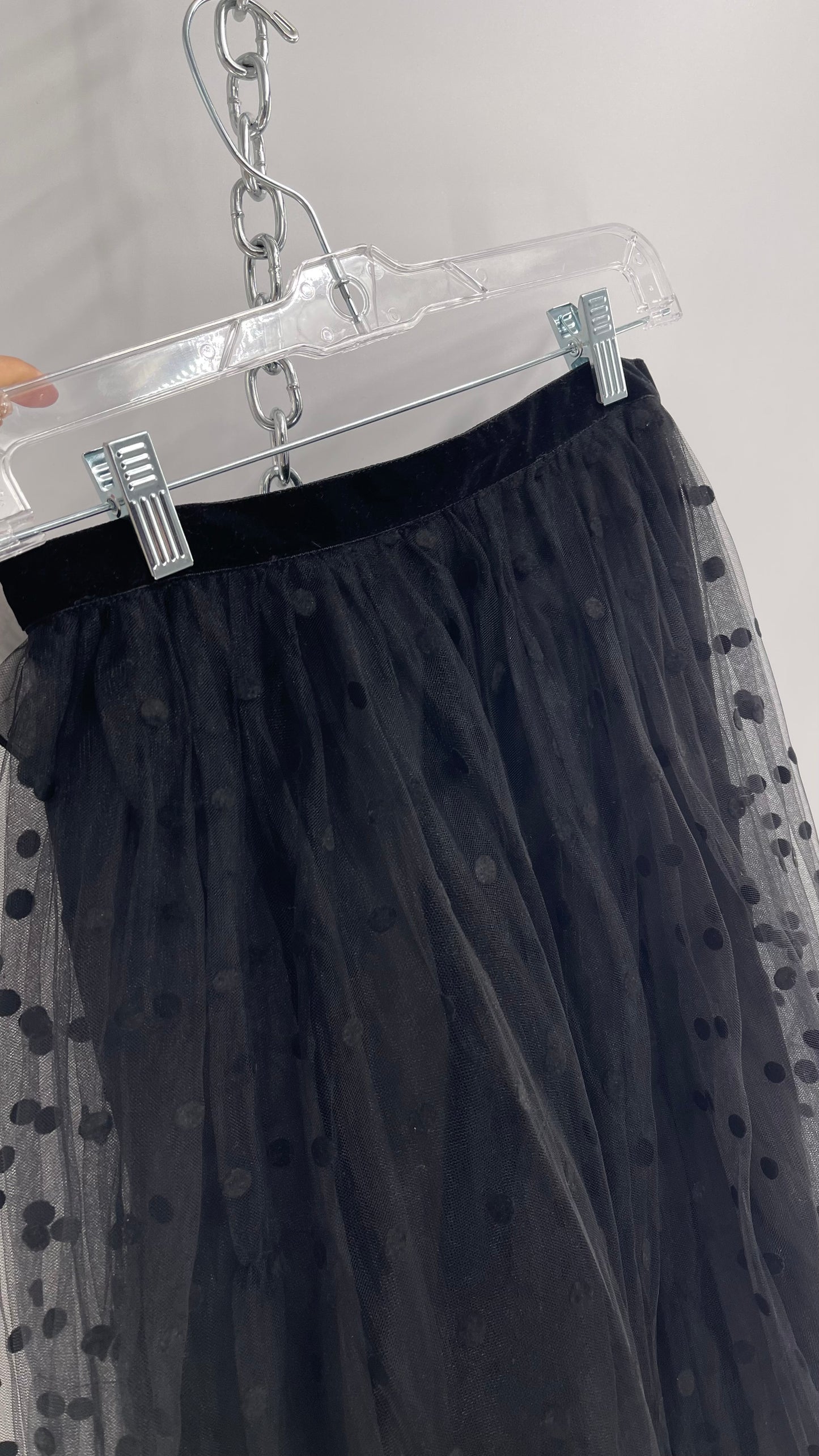 Nichole Lynel Voluminous Black Tulle Skirt with Velvet Polka Dots and Waistband (Small)