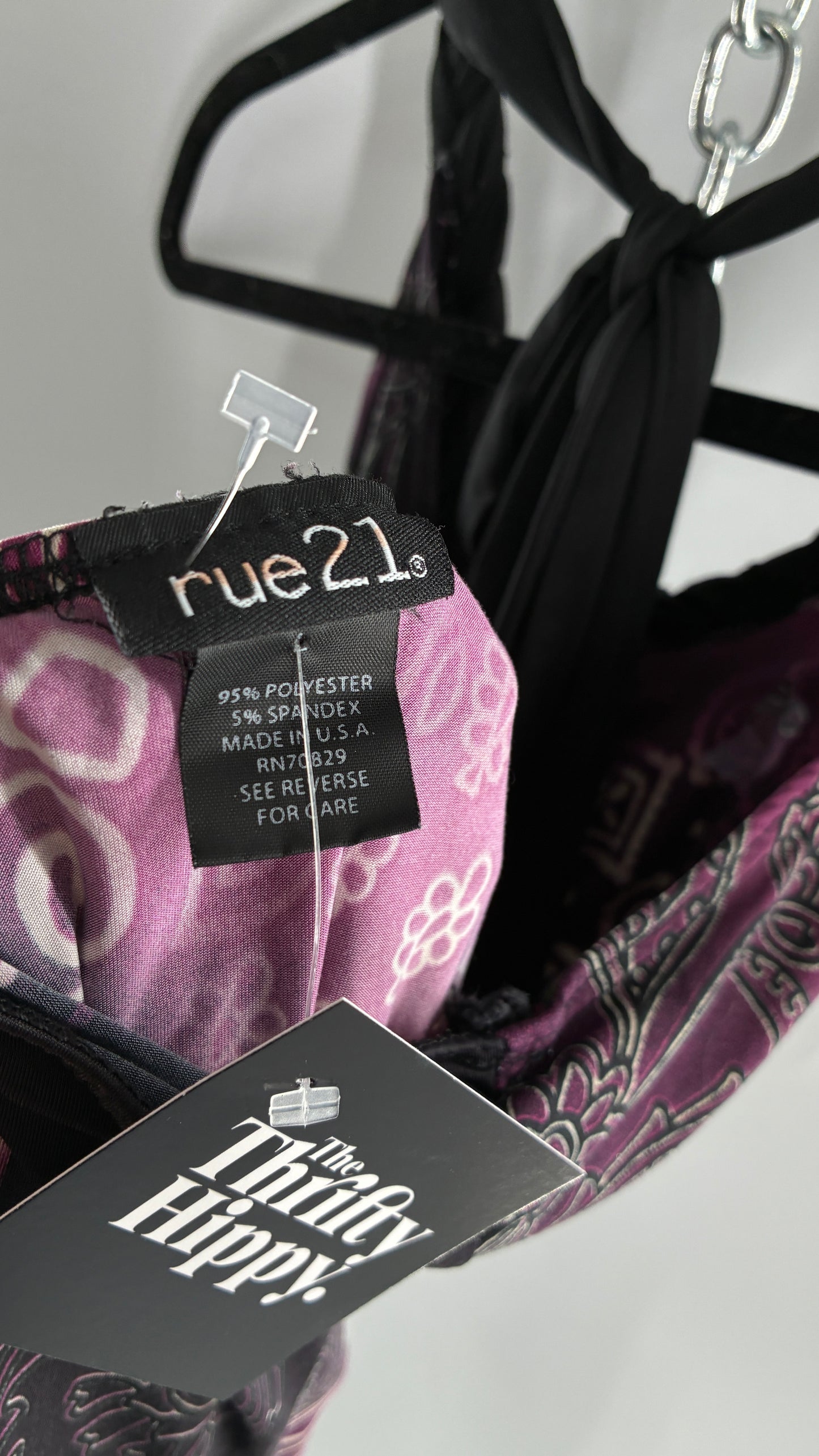 Vintage RUE 21 Purple Braided Halter Black and Purple Graphic (Large)