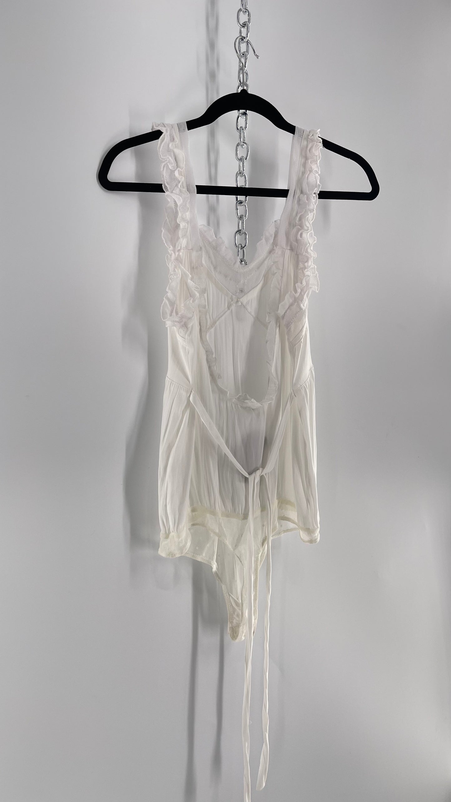 Free People White Silky Soft Bodysuit with Ruffled Bust-line and Straps (M)
