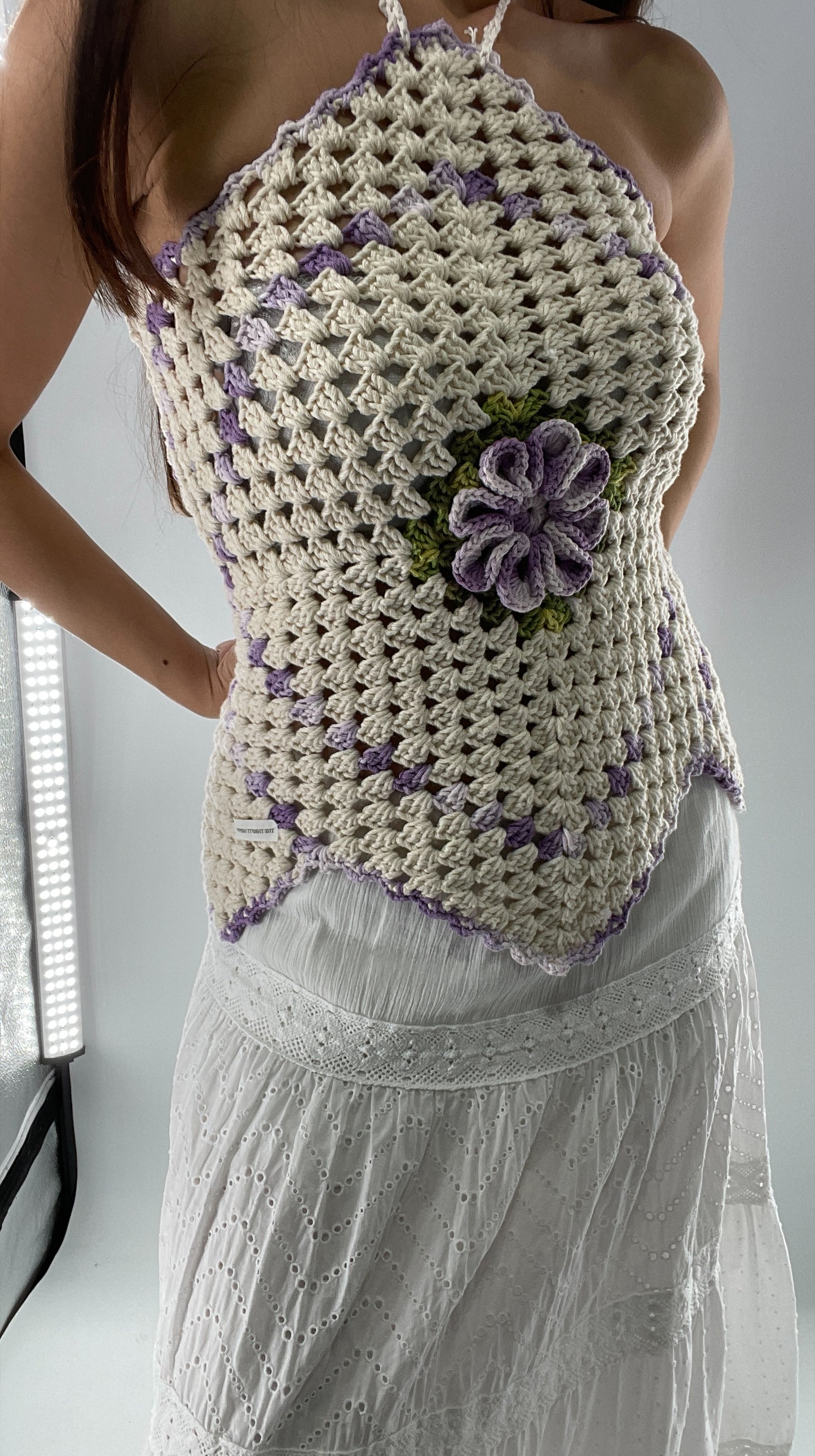 Vintage Handmade Crochet Halter Tank with Purple Details, Lilac Rosette, and Pointed Hem and Sides (One Size)