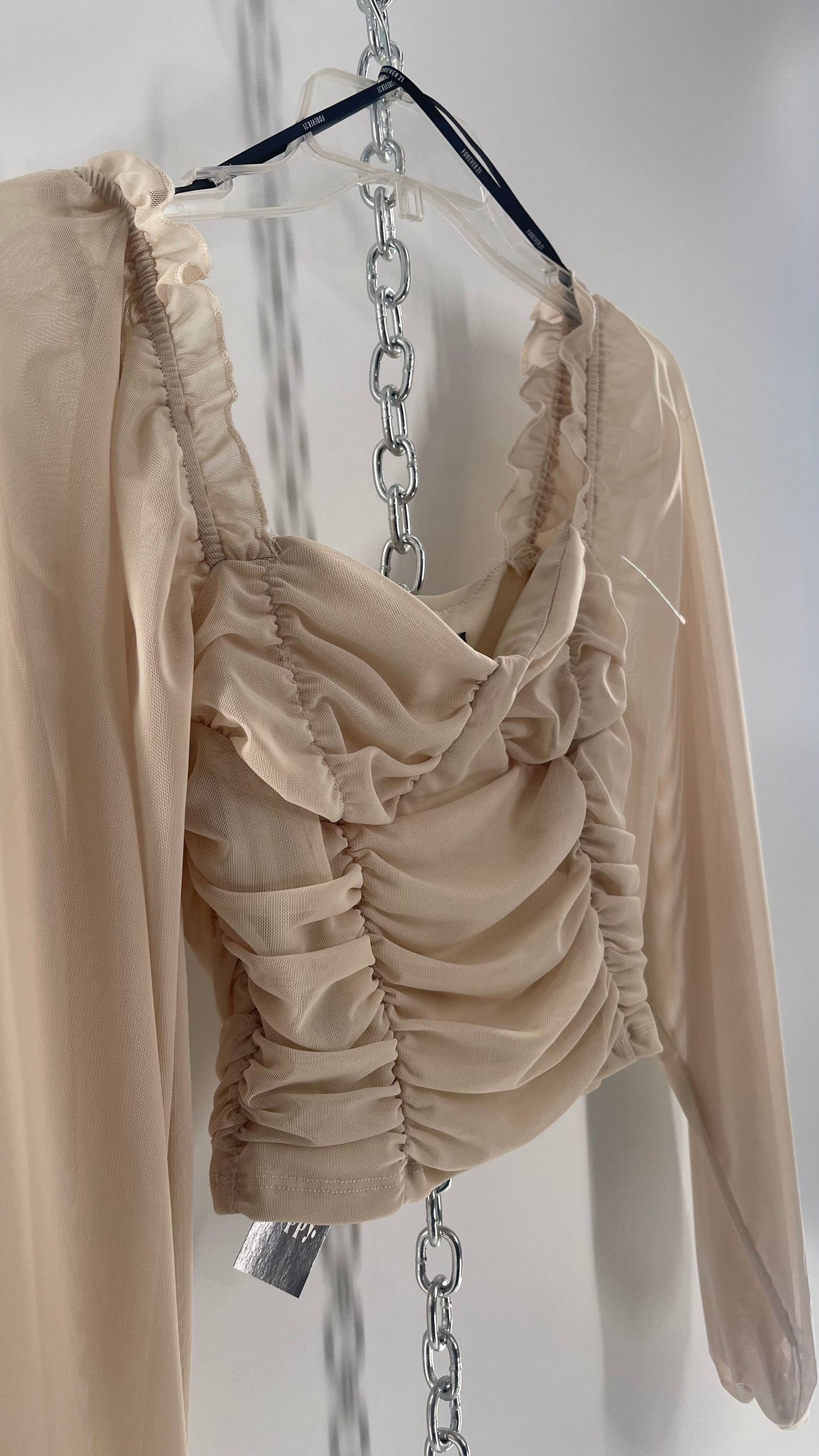 Beige Ruched Corseted Balloon Sleeve Blouse (Small)