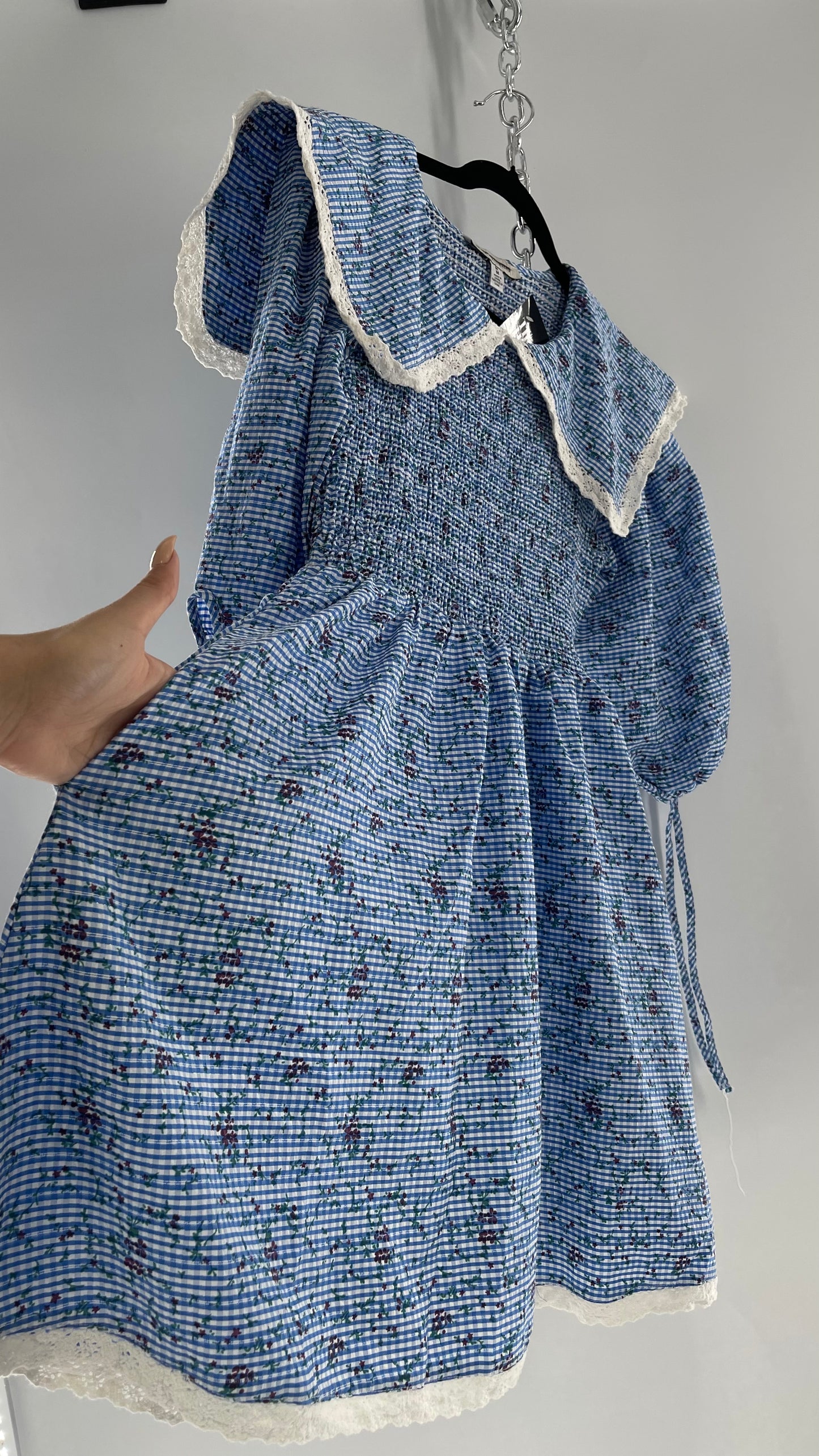 Urban Outfitters Blue Gingham Babydoll Dress with Lace Trim Collar and Smocked Bodice (Medium)