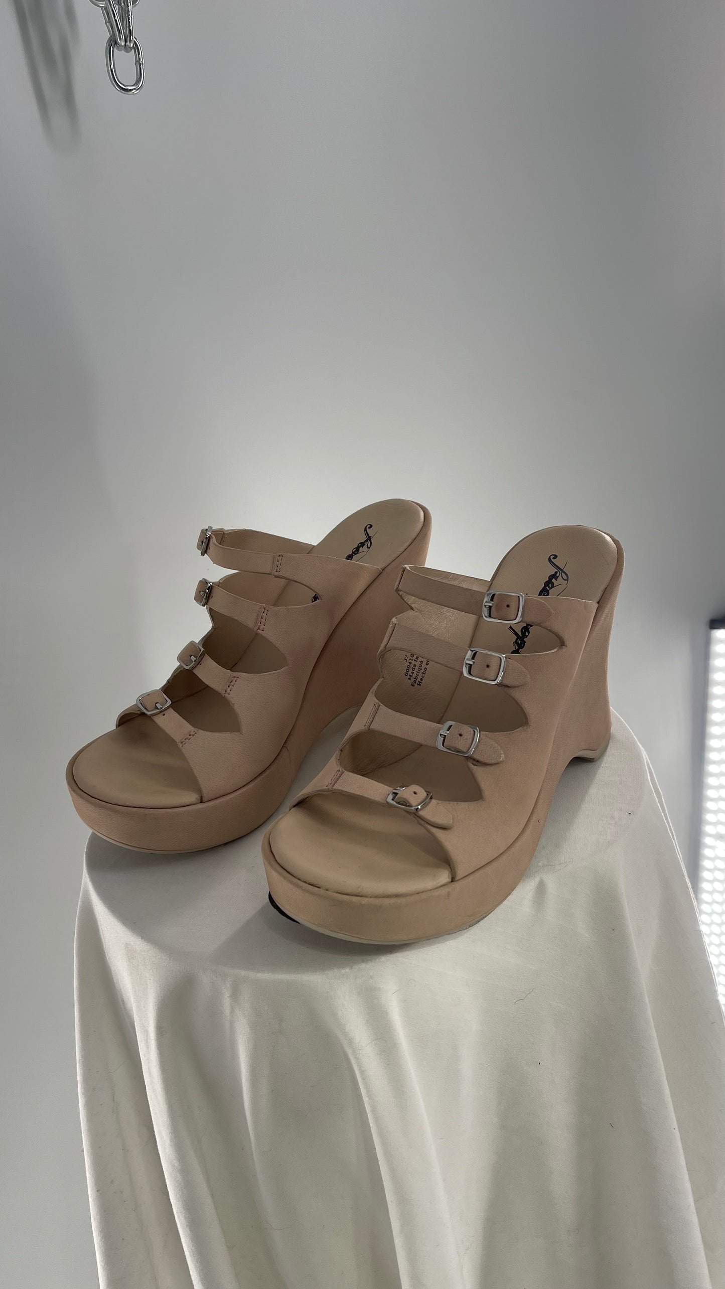 Free People Huffman Beige/Tan Leather Wedge Multiple Buckle Heel (37)