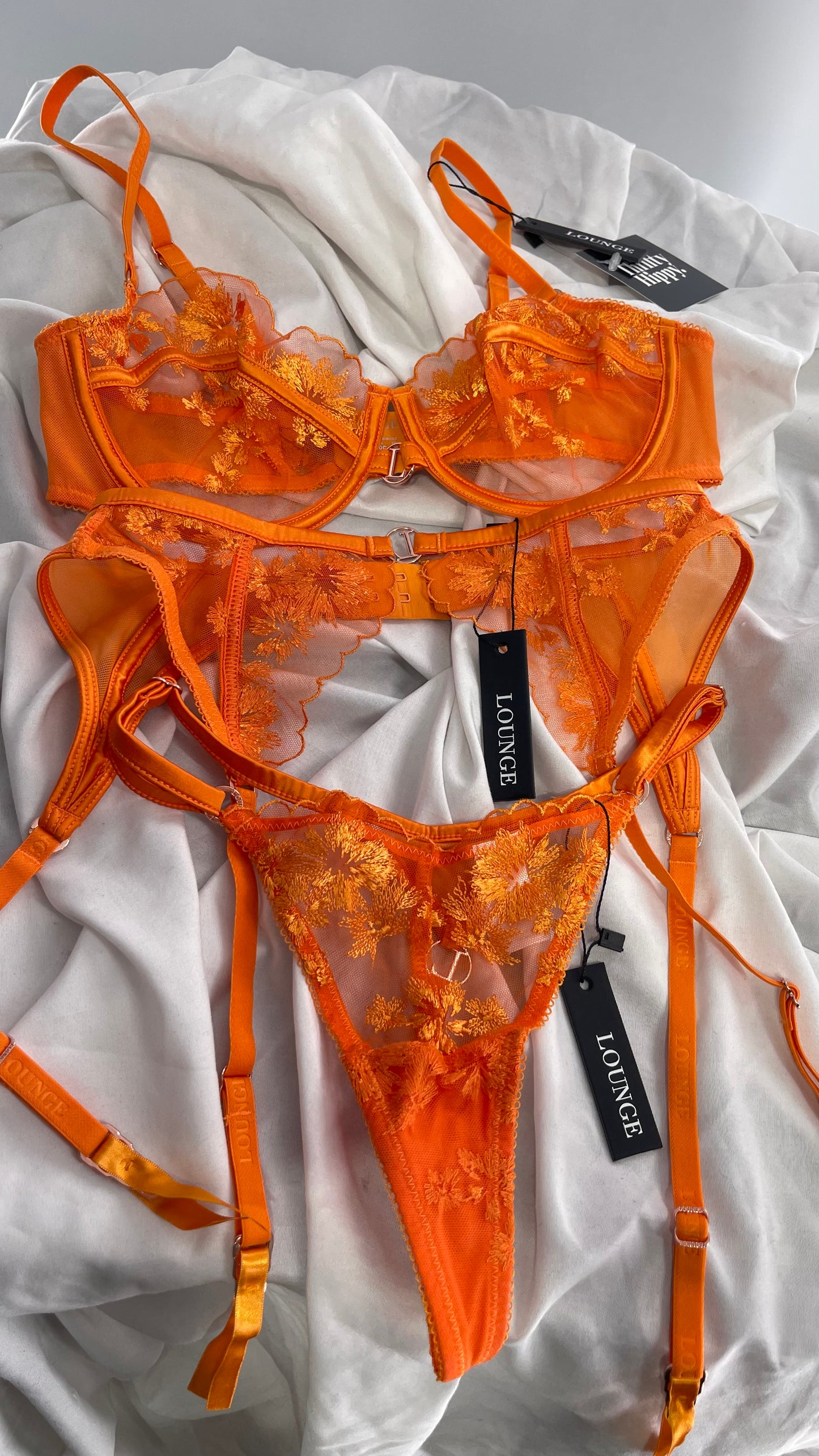 LOUNGE Orange Ava Bra, Garter and Panty Set with Tags Attached (32C, XS)