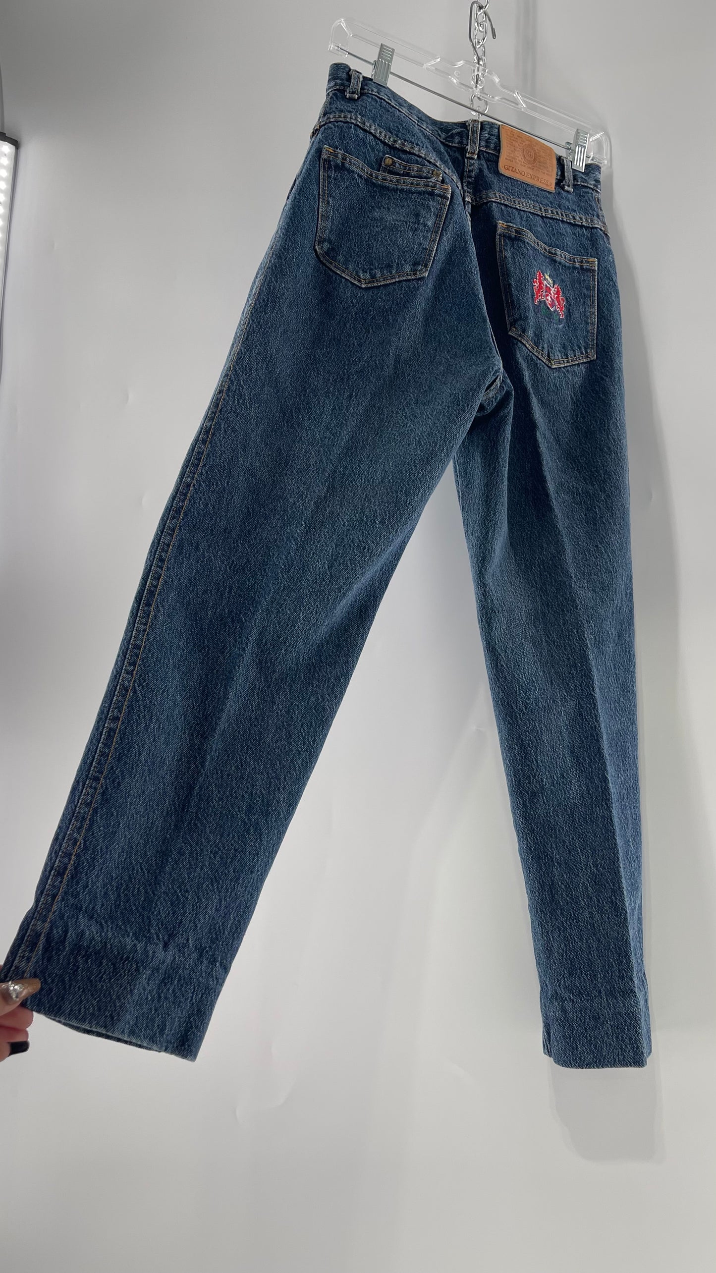 Vintage Medium Wash Ultra High Waisted Gitanos with Embroidered Crest on Back Pocket and Leather Jacron (13/14)