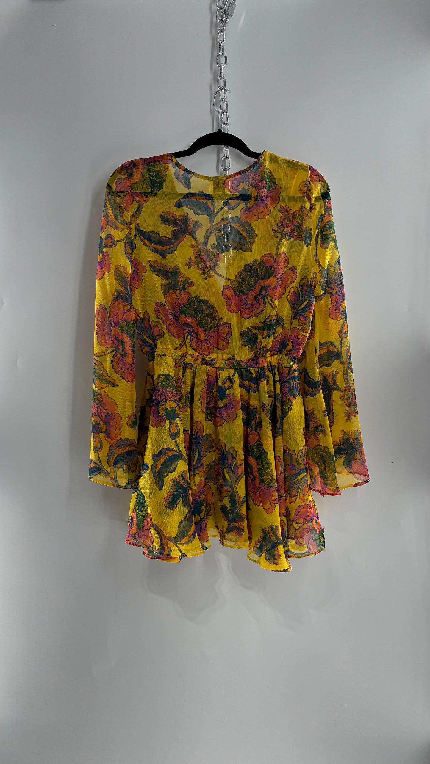 MISA Los Angeles KAIA Yellow Floral Bell Sleeve Long Sleeve Top/Micro Mini Dress with Tags (Small)