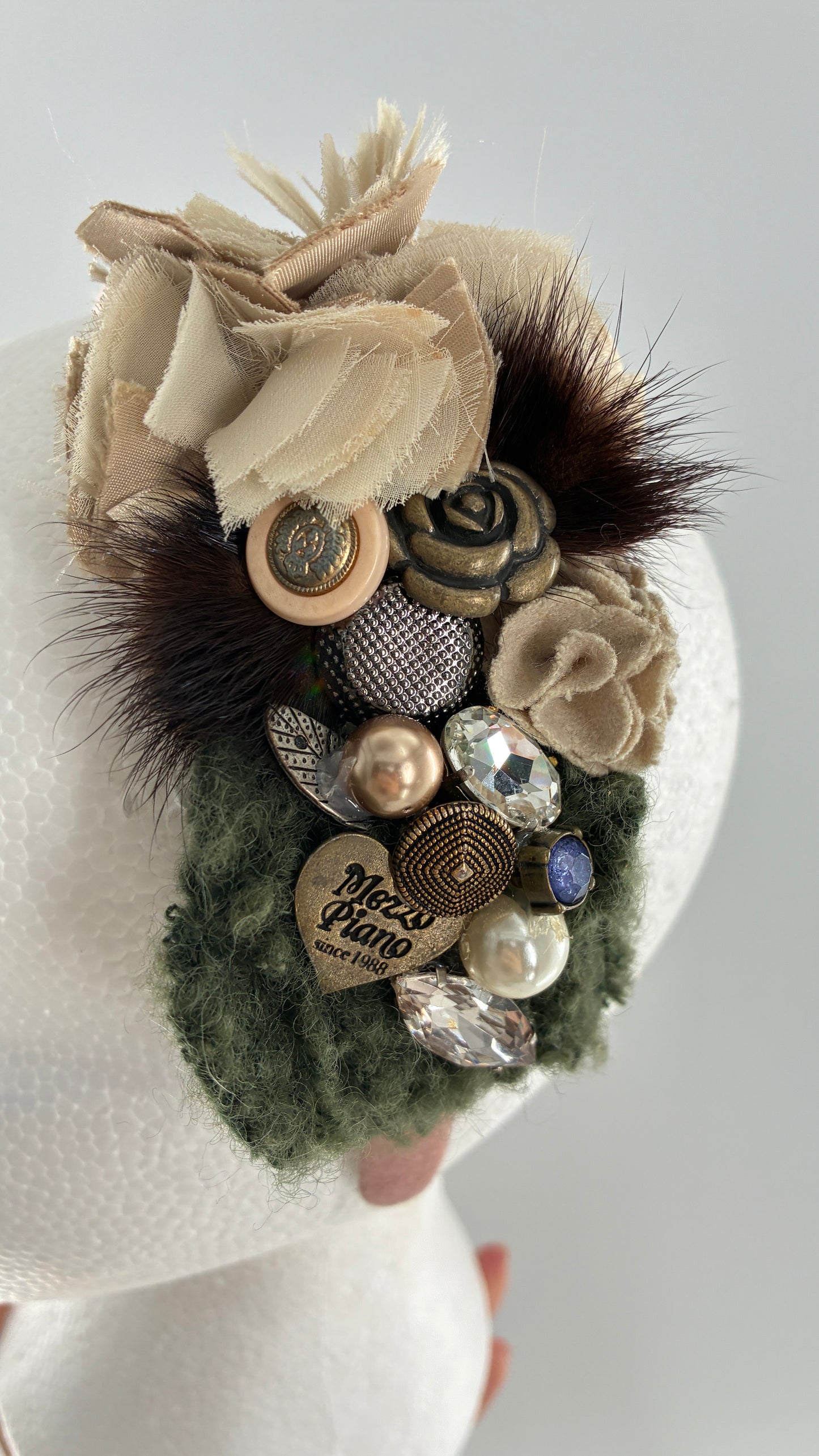 Vintage FARMER Handmade Pink Knit Headband with Wool, Buttons and Fur Appliqués