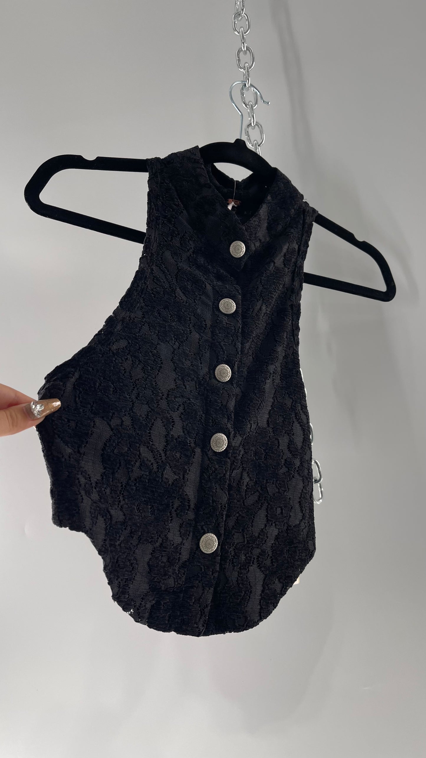 Free People Black Velvet Lace Sleeveless with Metal Buttons (Small)