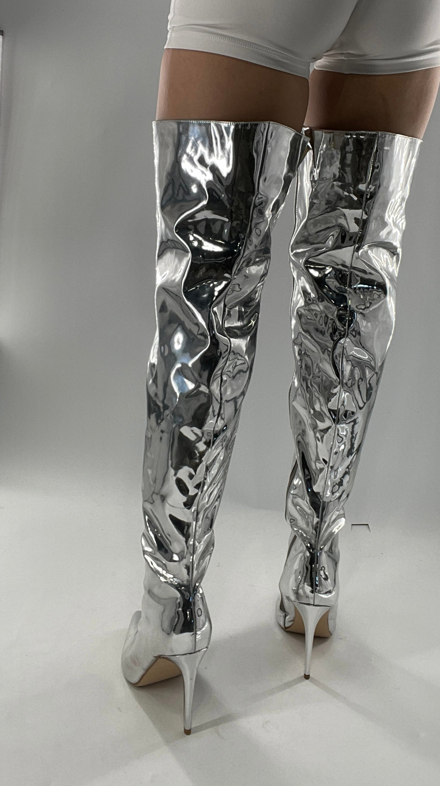 Vintage Chrome Platinum Mirrored Thigh High Molten Metal Sky High Boots Space Cadet/Concert (7)