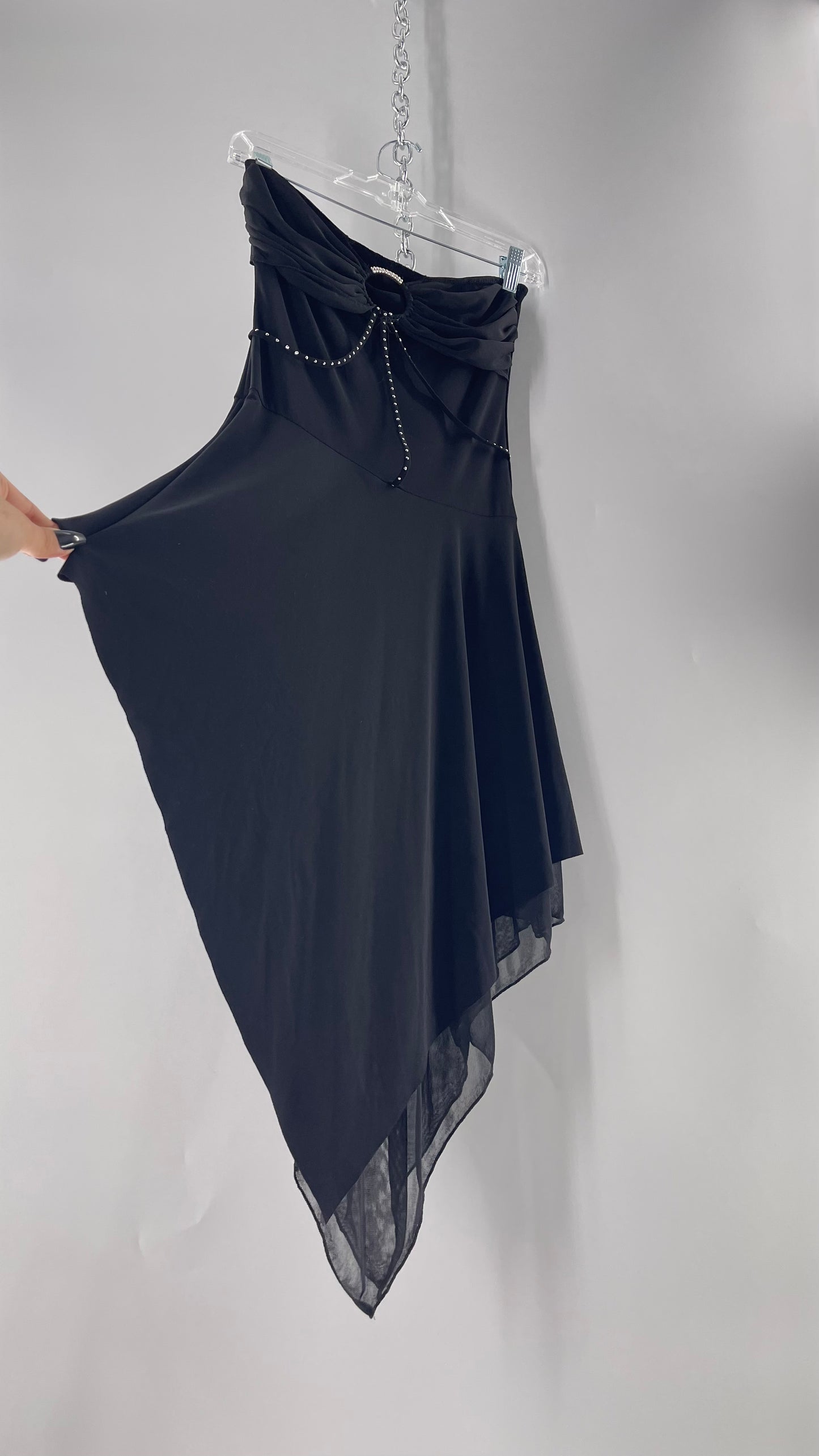 Vintage Joyce Leslie Black Midi Dress with Handkerchief Hem (Medium)