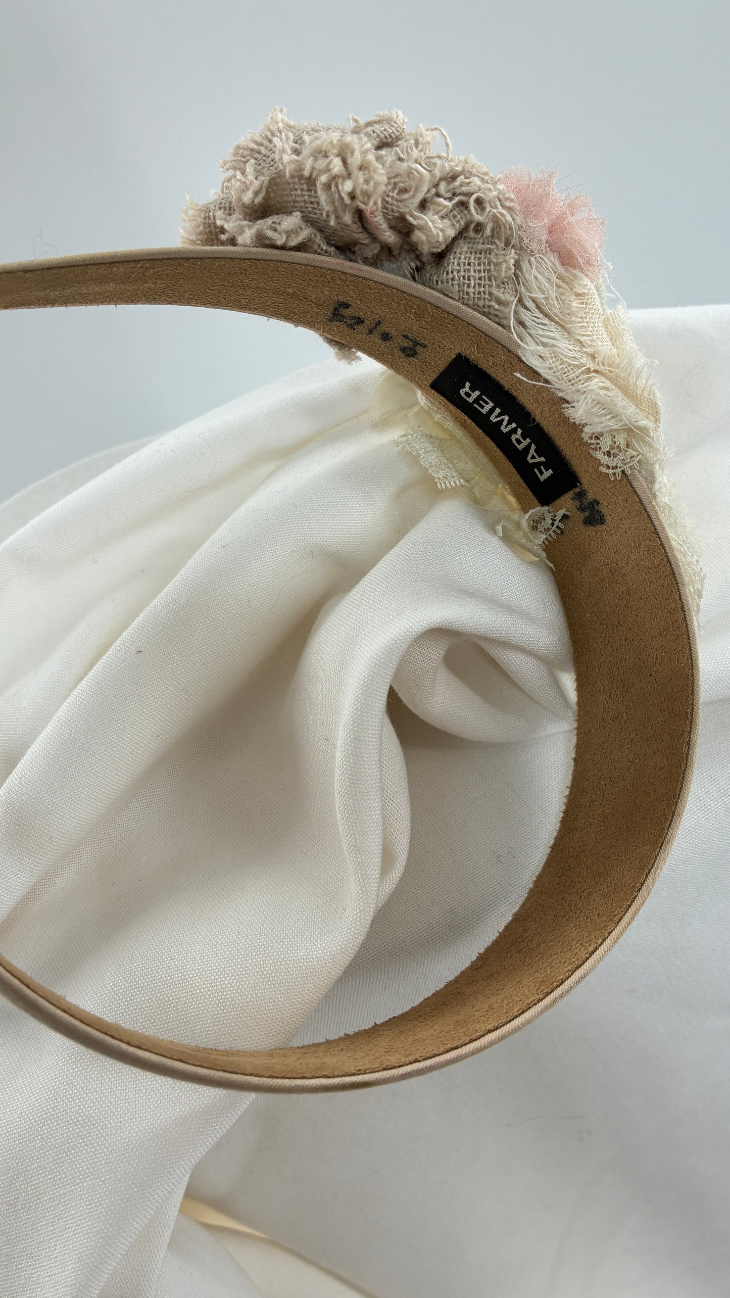 Vintage FARMER Handmade Headband with Ribbon, Flower, Button Appliqués