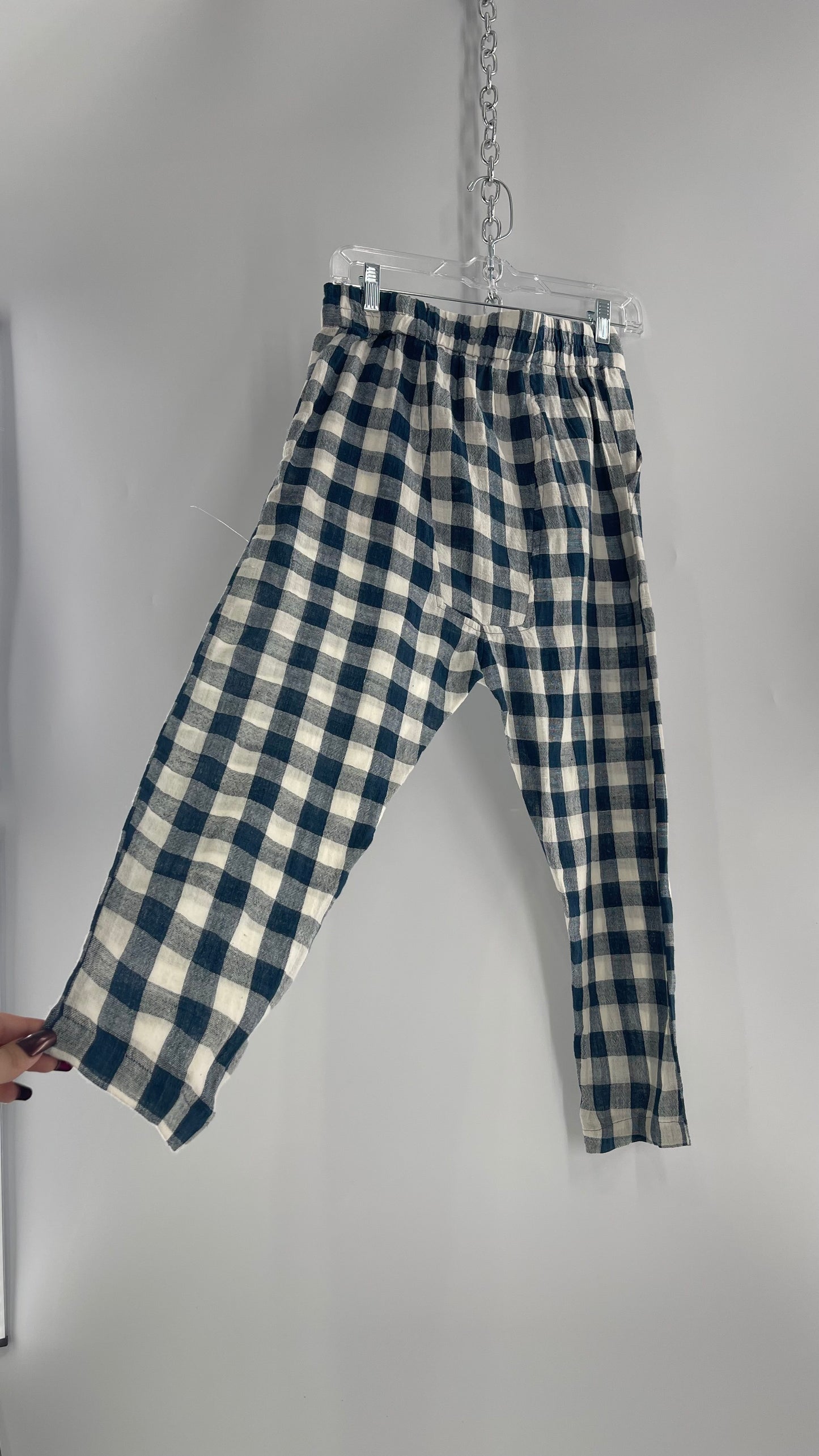 FAIRCLOTH Gingham Checkered White and Blue Linen/Cotton Cropped Drop Crotch (Small)