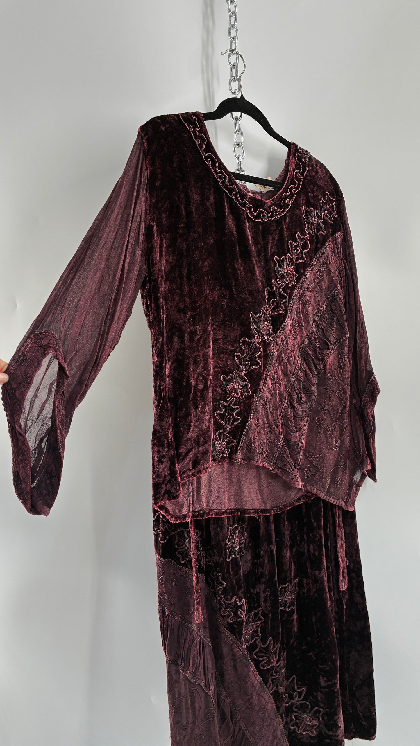 Vintage 1990s Burgundy Velvet Tie Back Blouse and Sheer Paneled Skirt (OS)