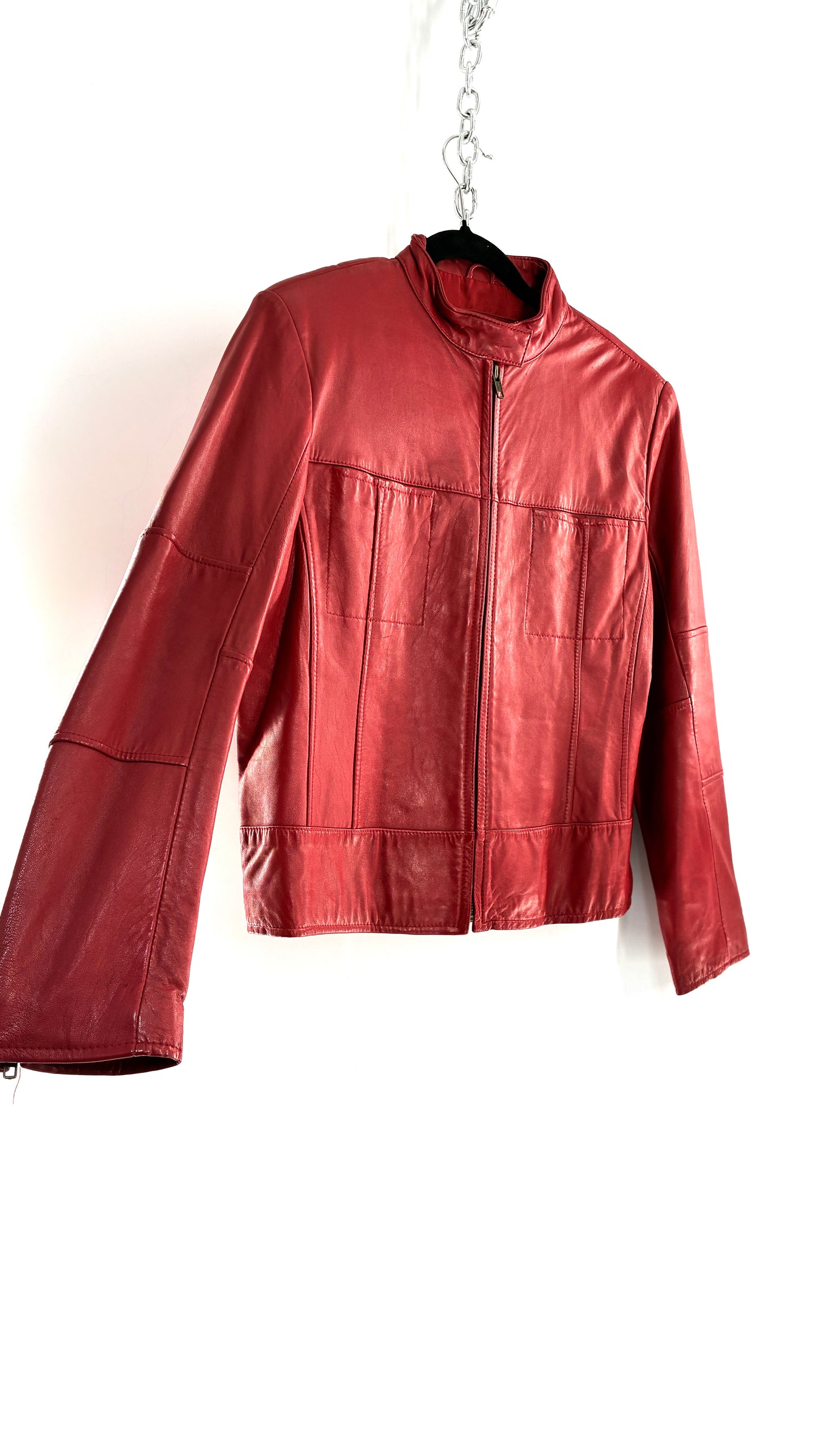 KATHY IRELAND Lamb Leather Red Motorcycle Neck Strap Jacket (Medium)