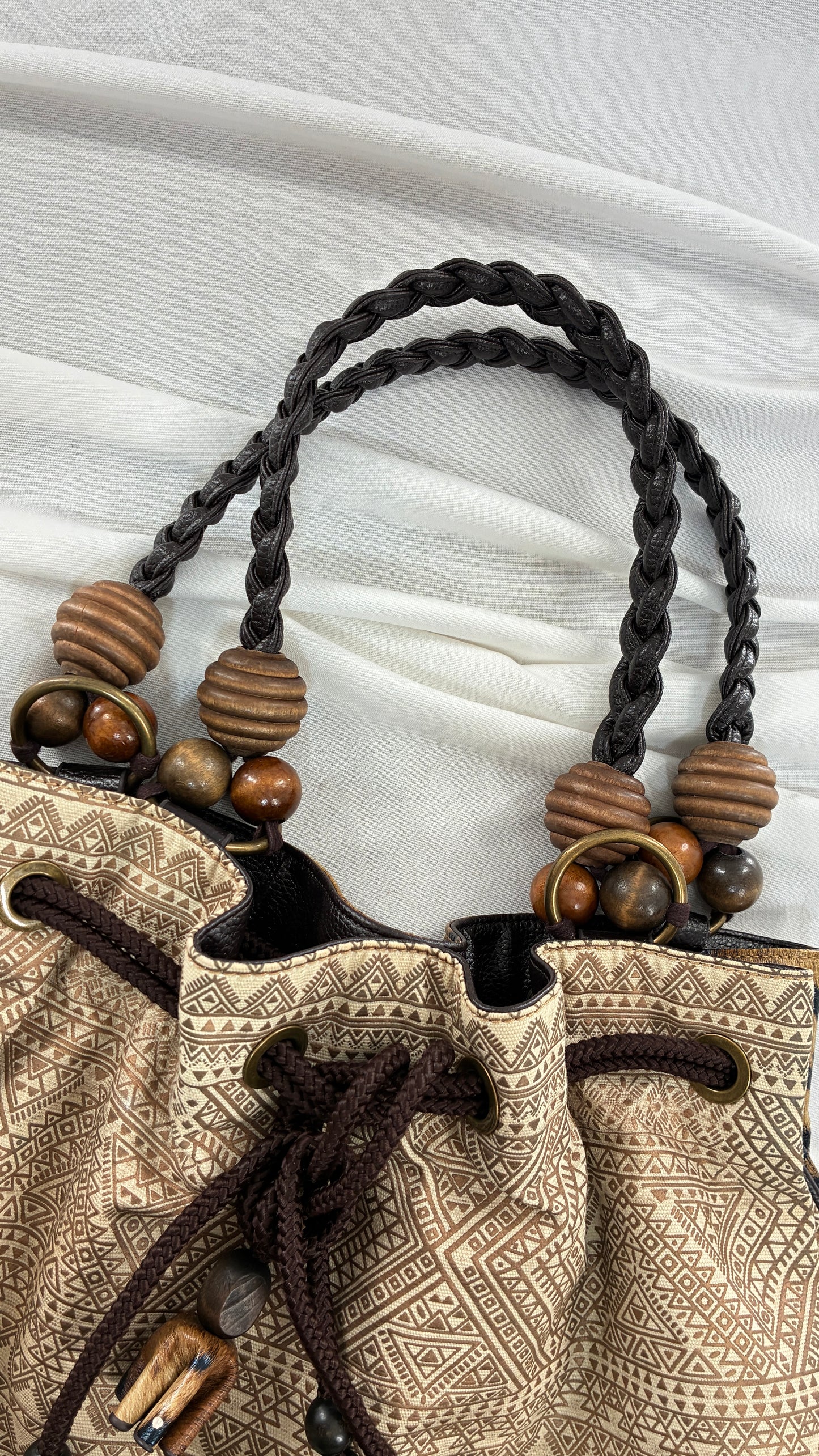 Vintage Oversized Animal Print Slouchy Bag with Braided Leather Strap and Beaded Details