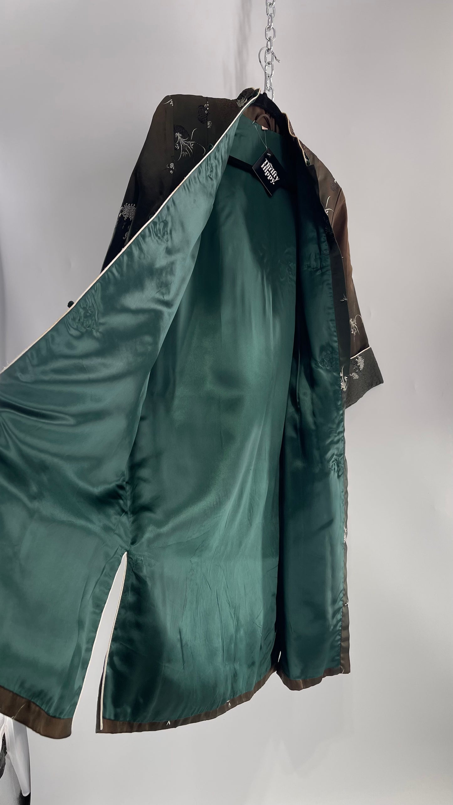 Vintage Hong Kong, Hand Made, Dark Green Silk Kimono Coat/Smoking Jacket (38)