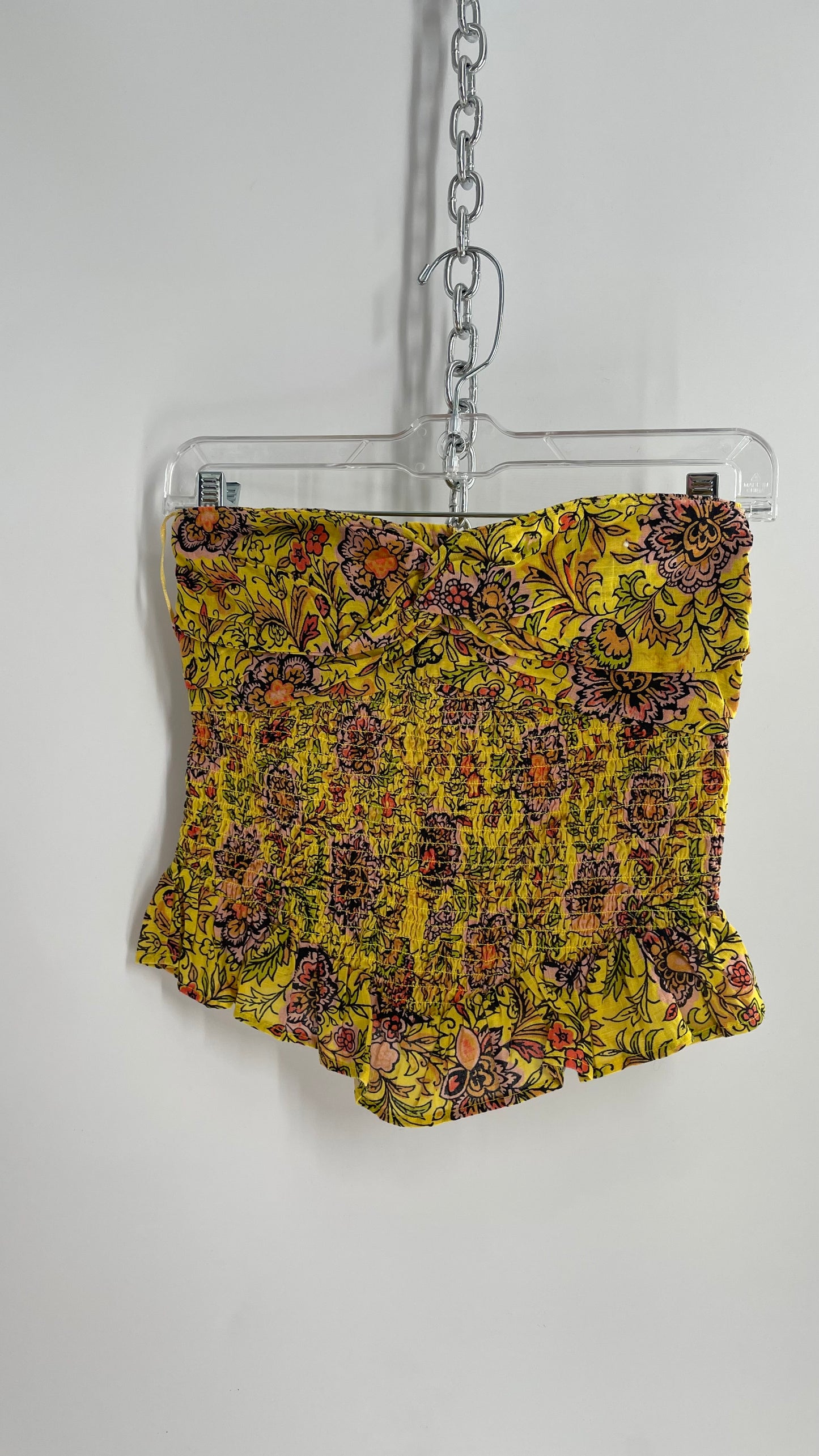 Free People Smocked Ruched Bust Yellow Floral Tube Top  (XS)