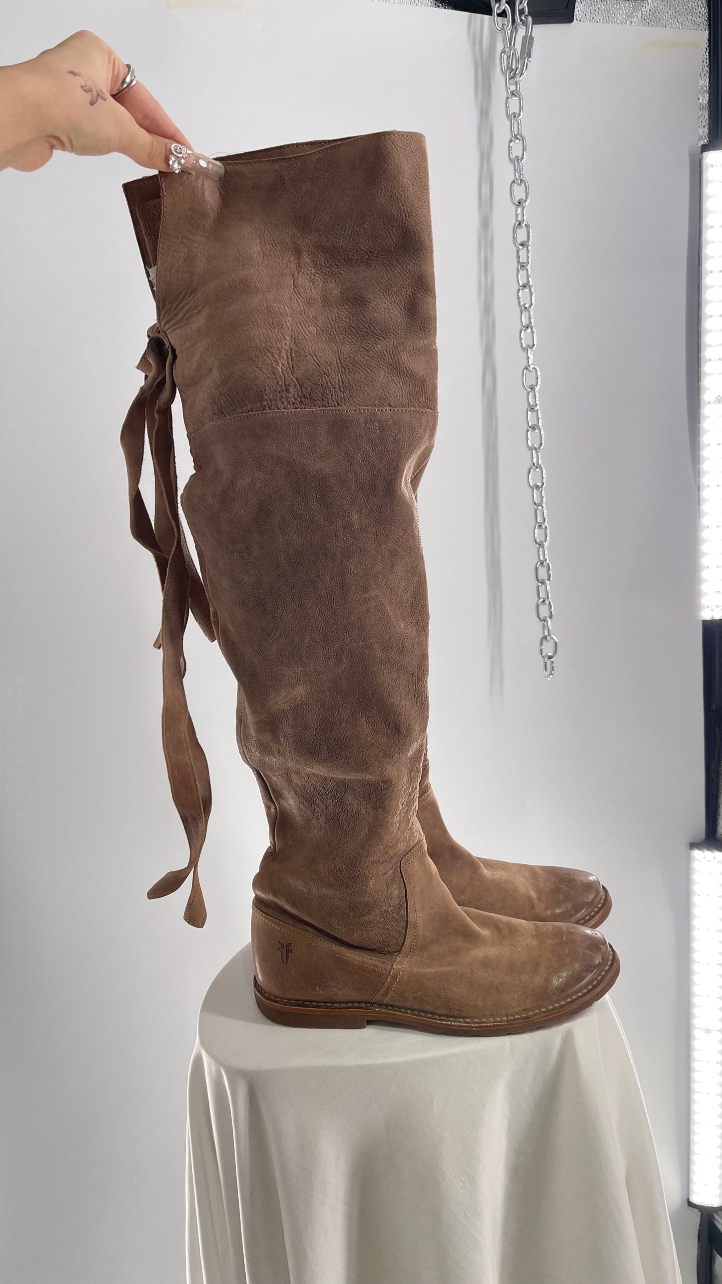 Frye Taupe Leather Over the Knee Fold Over Celia Boots (8)