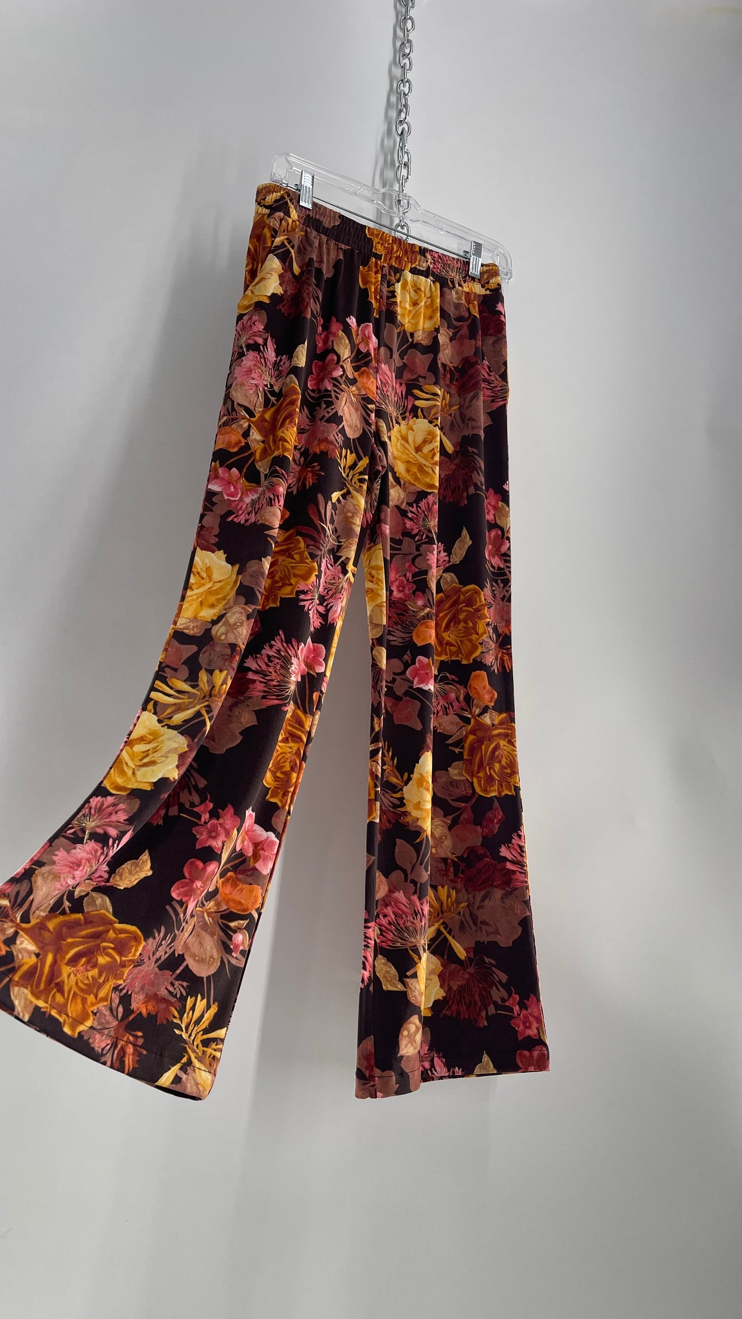 Lemon Way Brown Autumn Foliage Graphic Stretchy Wide Legs (Small)